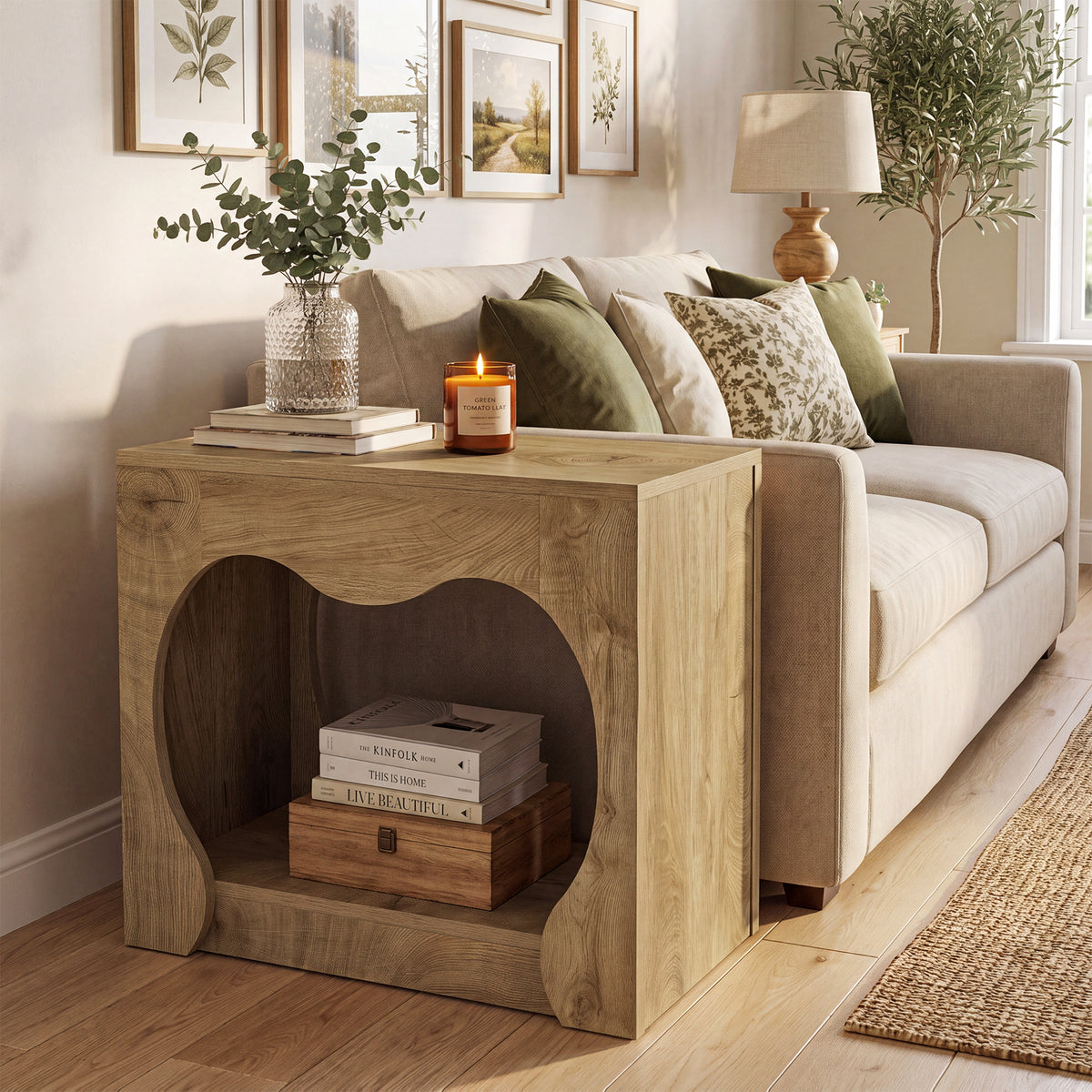 Tavolino Laterale Country a 2 Ripiani con Design Traforato Curvato, 70 cm
