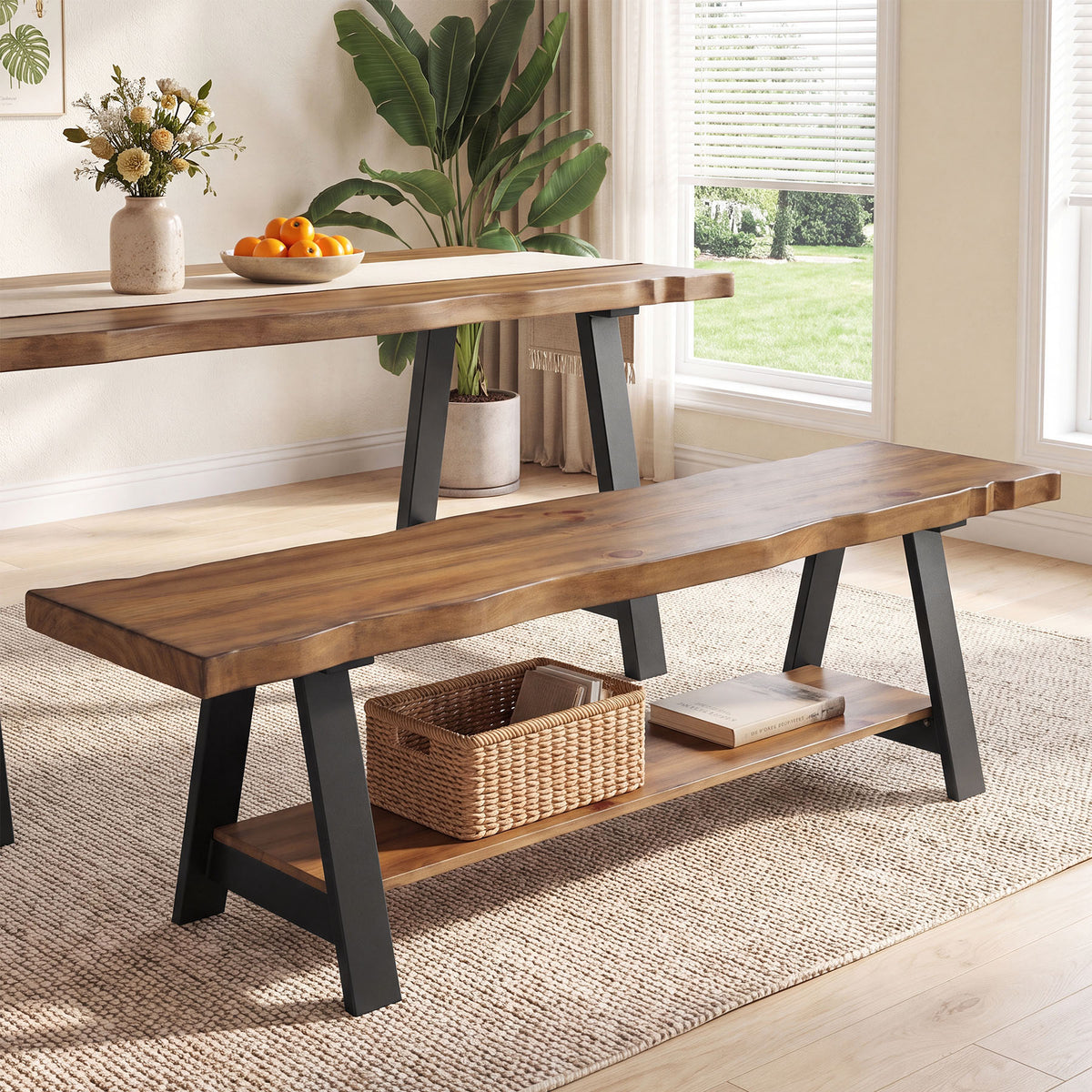 Panca da Pranzo in Legno Massello con Bordo Vivo e Struttura in Metallo, 140 cm