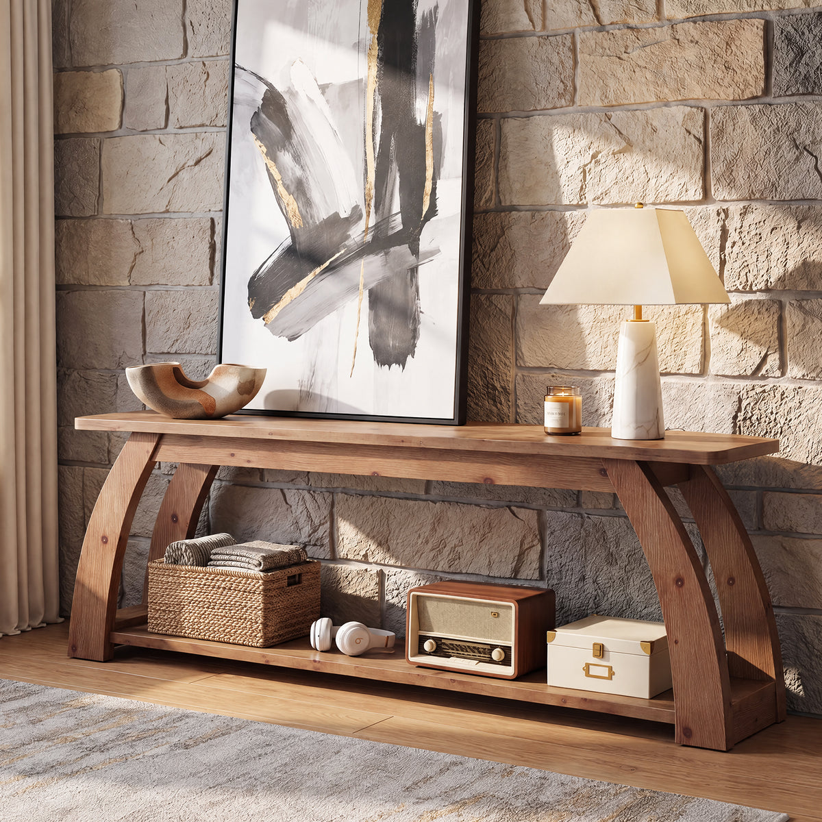 Mobile TV Country in Legno Massello a 2 Ripiani, 160 cm, per TV fino a 75", per Soggiorno
