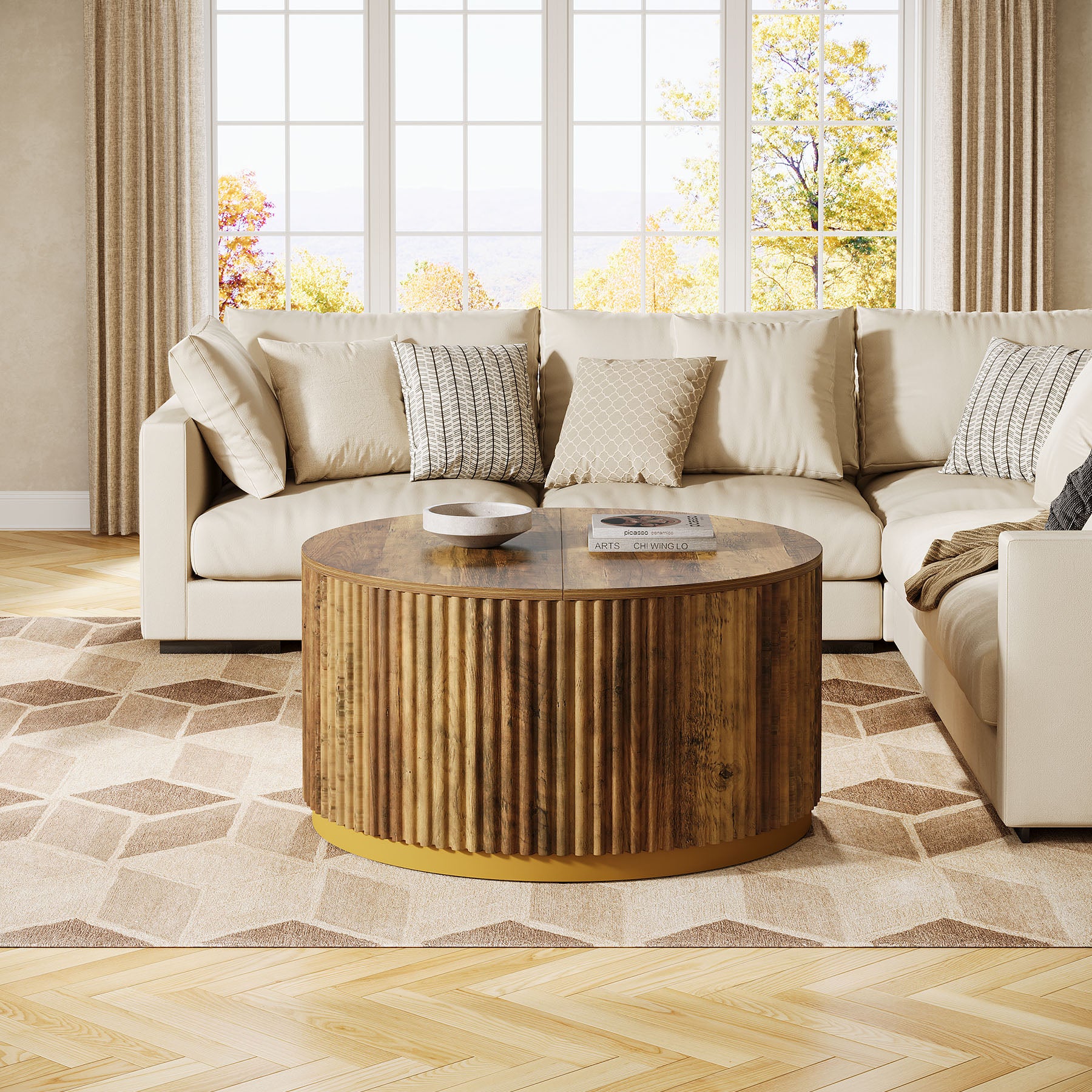 Tribesigns Tavolino rotondo da 80 cm, tavolino centrale in legno scanalato per soggiorno