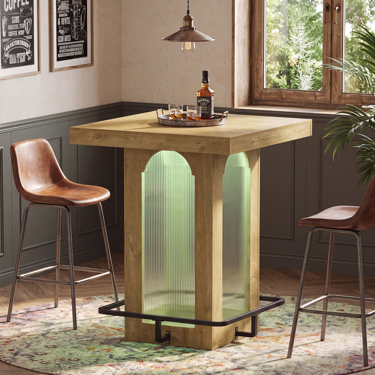 Tavolo da Bar Quadrato Industriale con Luci e Poggiapiedi, 80 cm, per Cucina