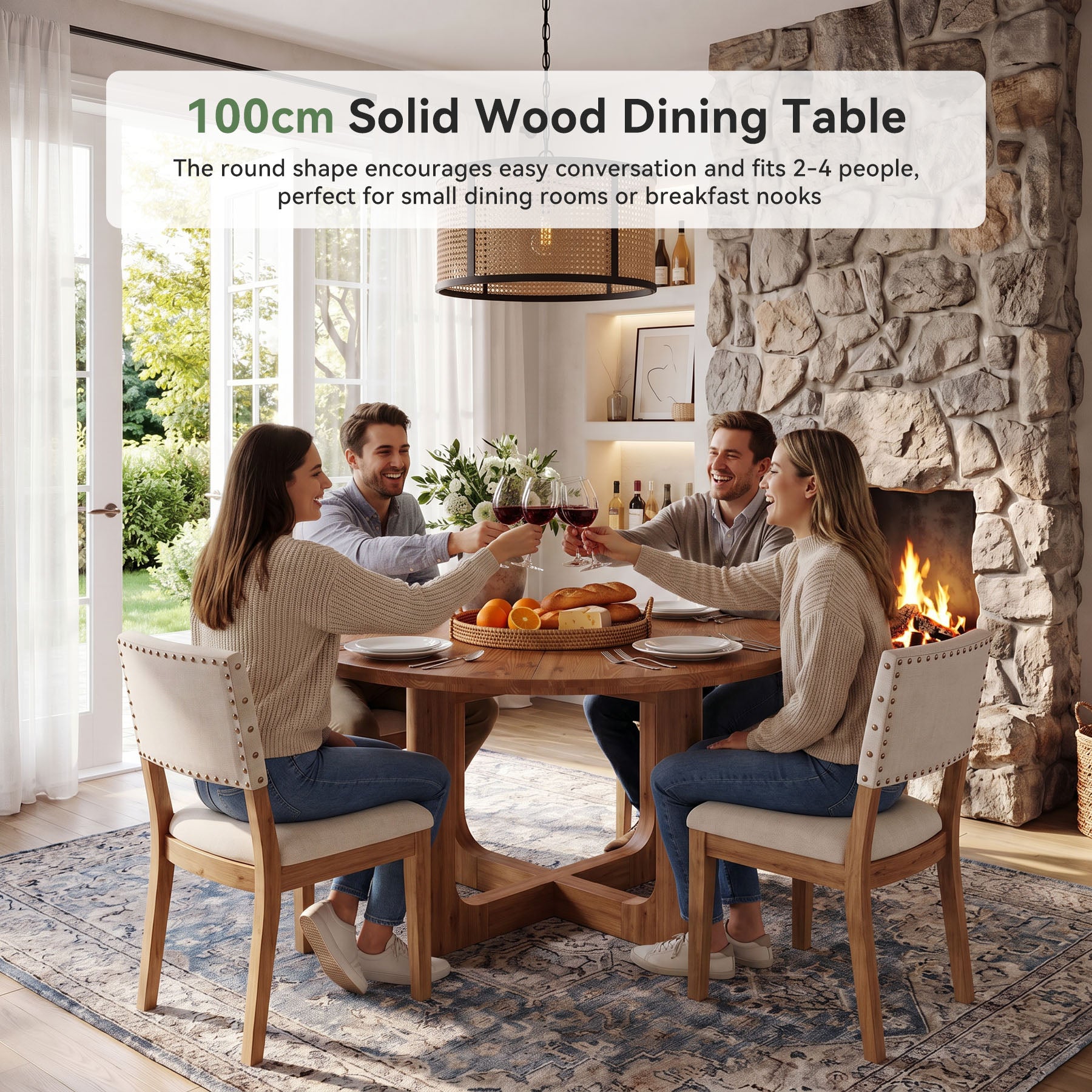 Tribesigns Tavolo da Pranzo Rotondo Country in Legno Massello con Gambe a X, Ø 100 cm, per 2-4 Persone