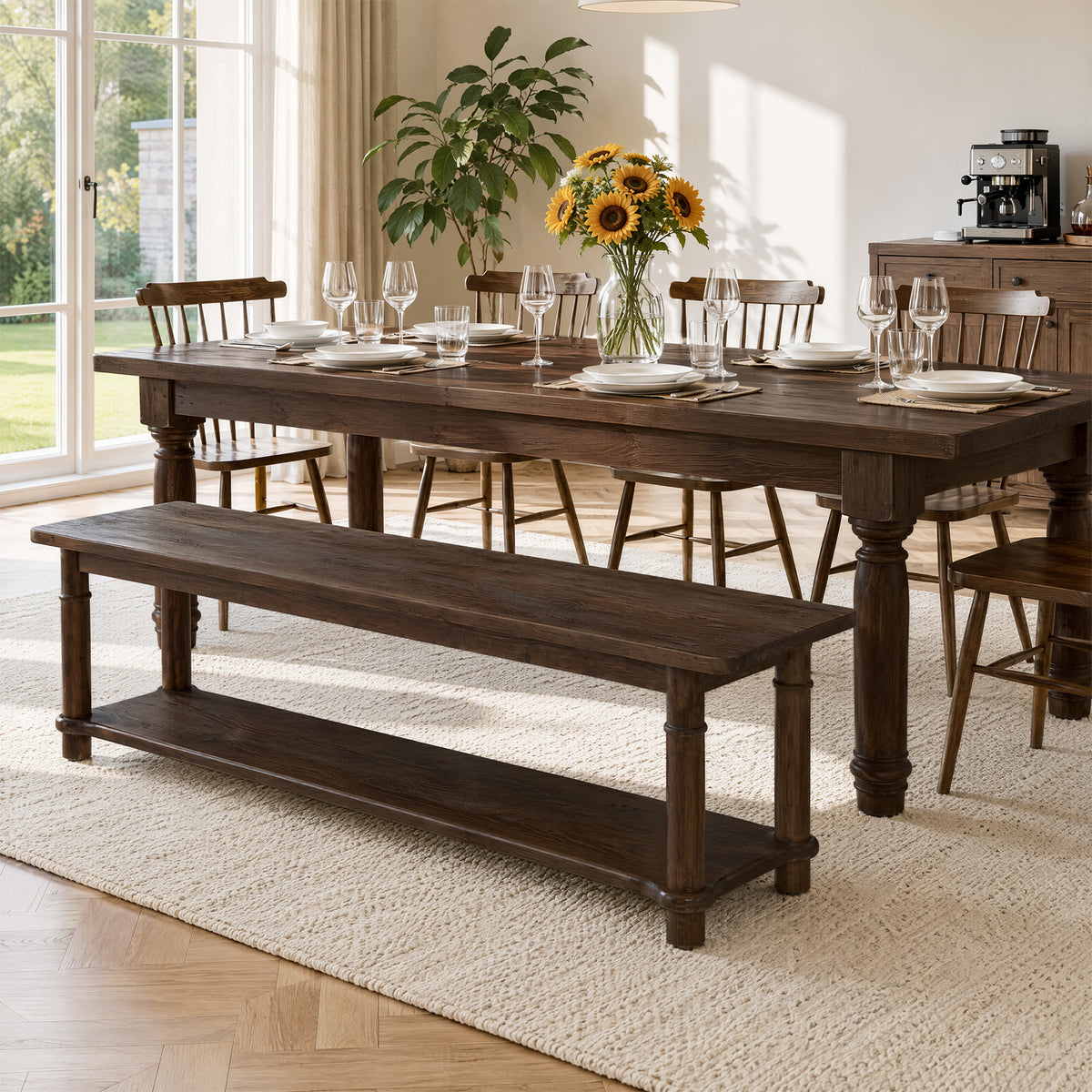 Panca Country in Legno Massello a 2 Ripiani, 140 cm, per Cucina e Sala da Pranzo