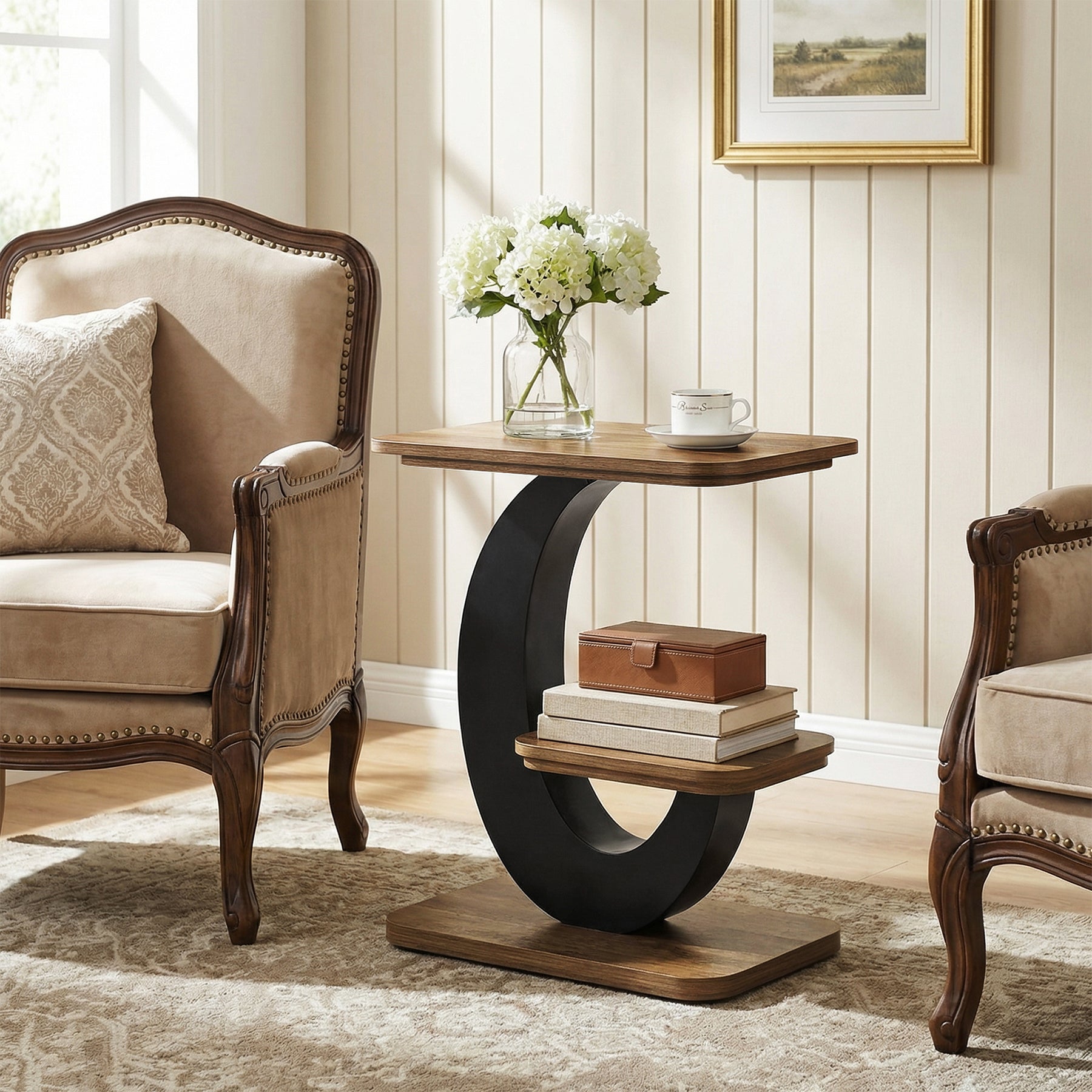 Tribesigns Tavolino laterale a 2 ripiani, tavolino stretto da divano/comodino con struttura ad arco