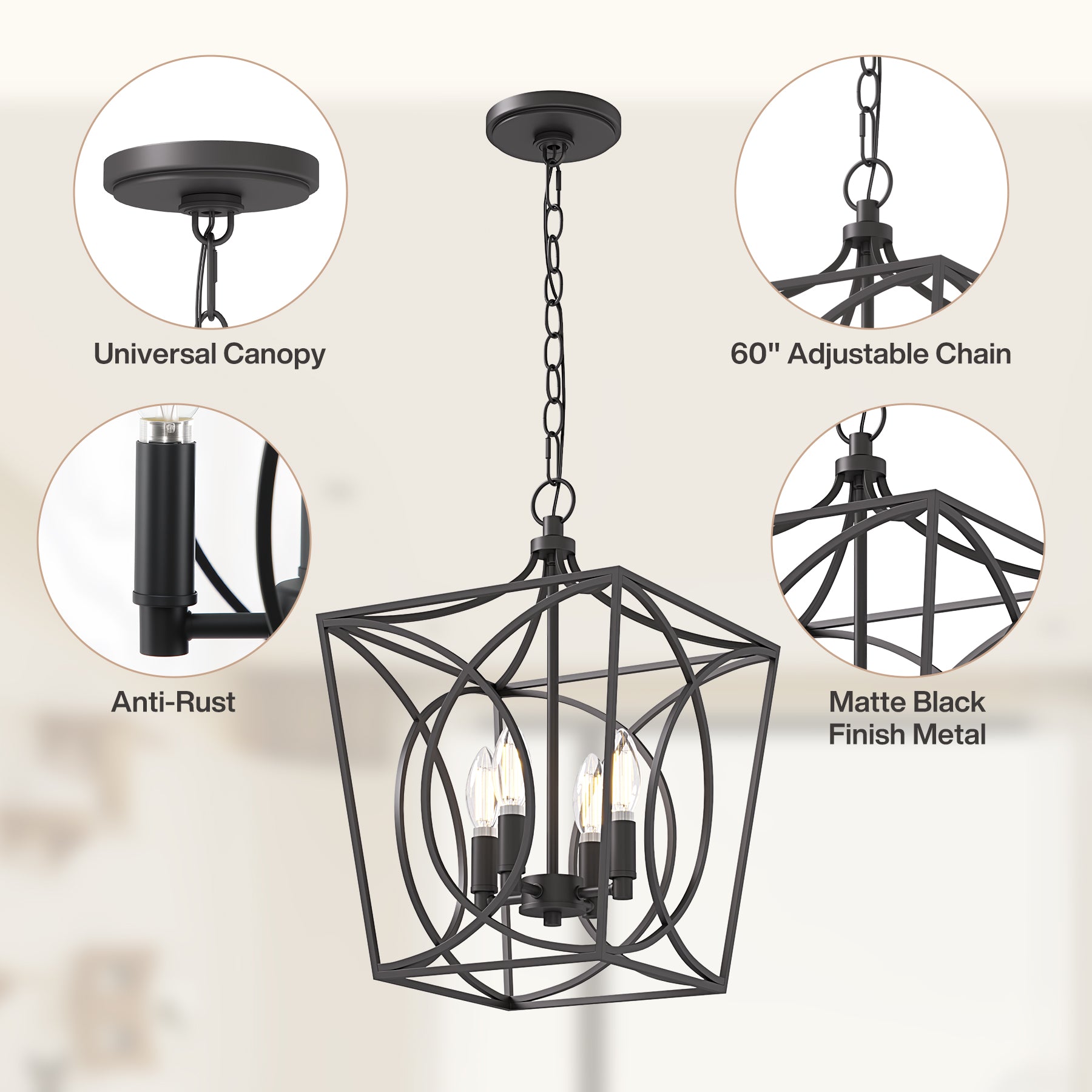 Tribesigns Lampadario industriale, lampada a sospensione geometrica con 4 lampadine E14, altezza regolabile