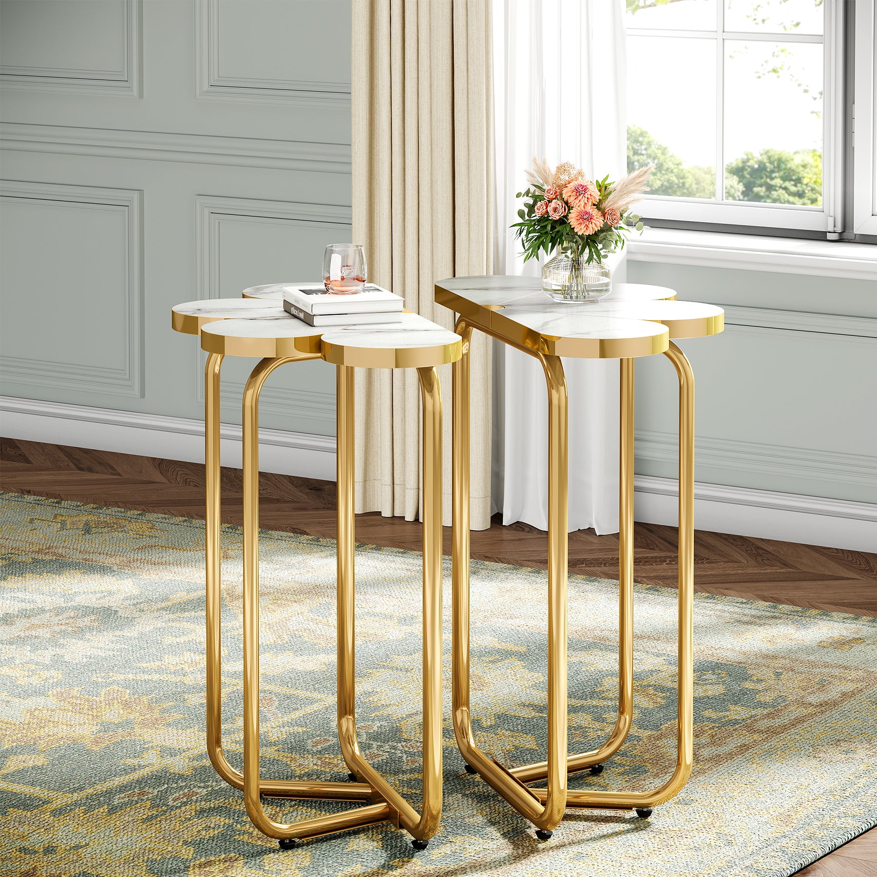 Tribesigns Tavolino laterale in stile Half Flower, comodino in effetto marmo con cornice dorata