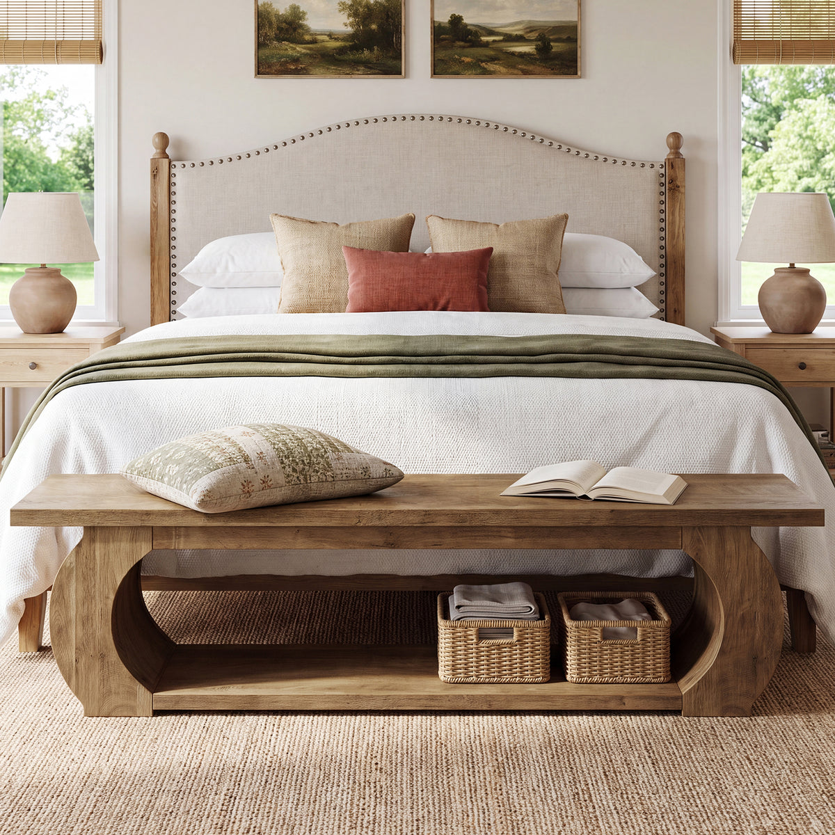 Panca Country con Ripiano Aperto e Struttura in Legno Curvata, 160 cm, per Camera da Letto