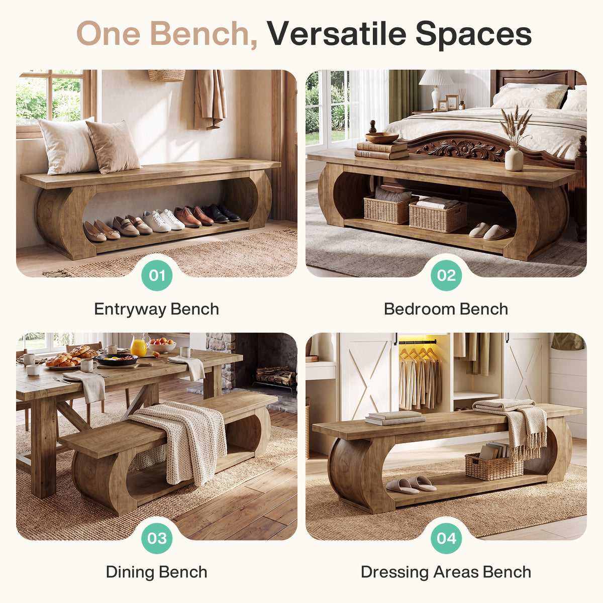 Panca Country con Ripiano Aperto e Struttura in Legno Curvata, 160 cm, per Camera da Letto