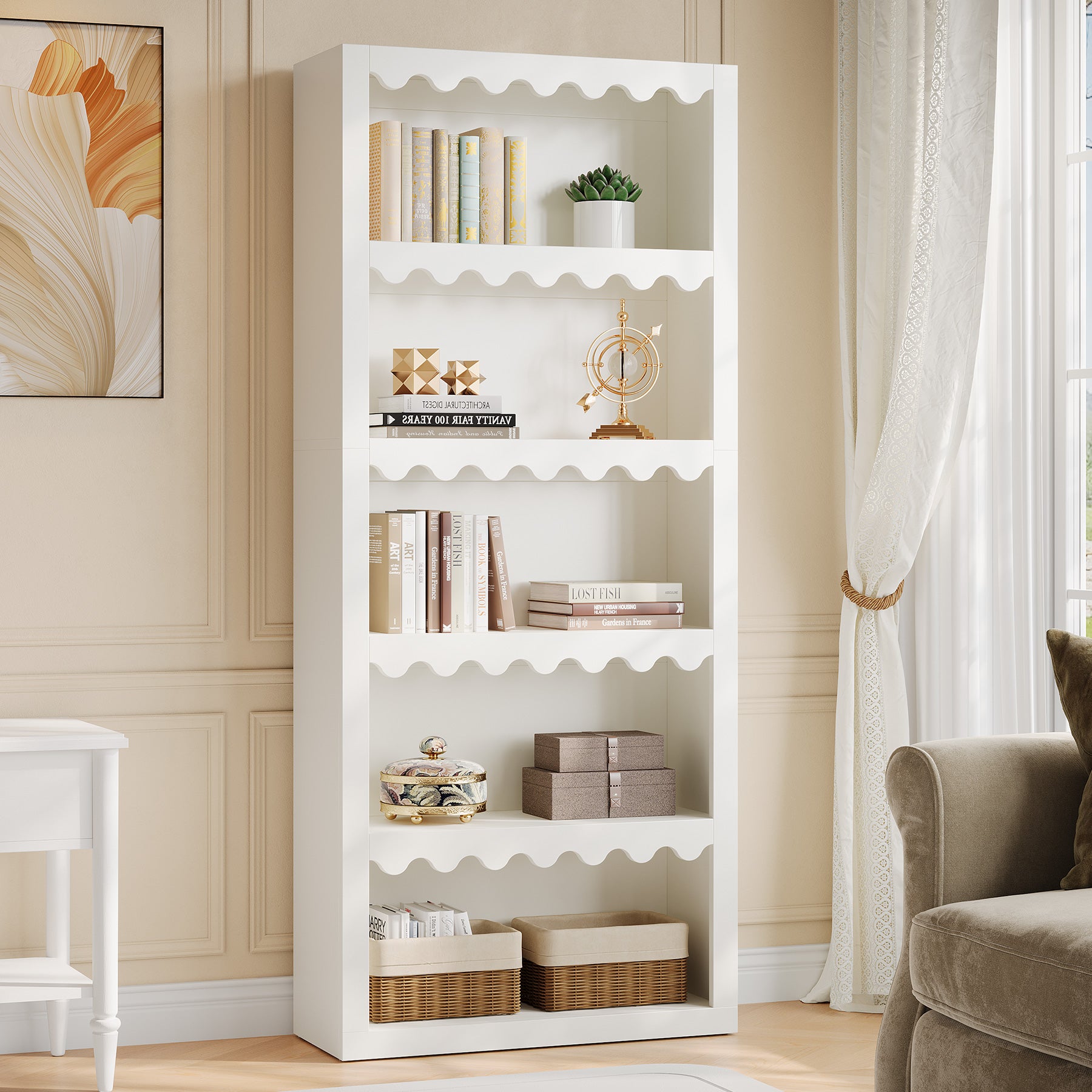 Tribesigns Libreria alta 180 cm, scaffale moderno con bordi a conchiglia per soggiorno