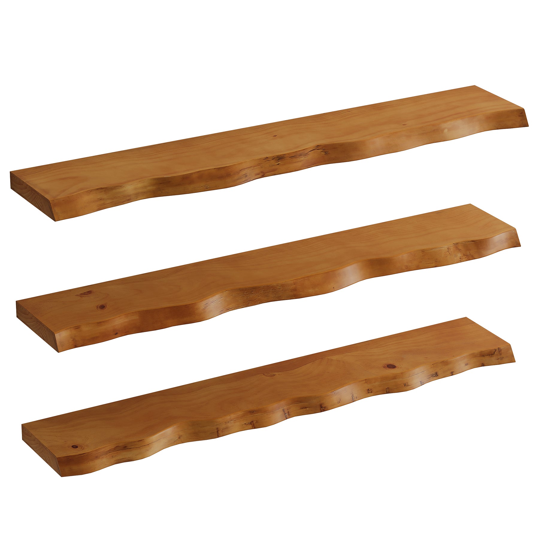 Set 3 Mensole Sospese in Legno Massello con Bordo Vivo, 120 cm, per Soggiorno e Ufficio