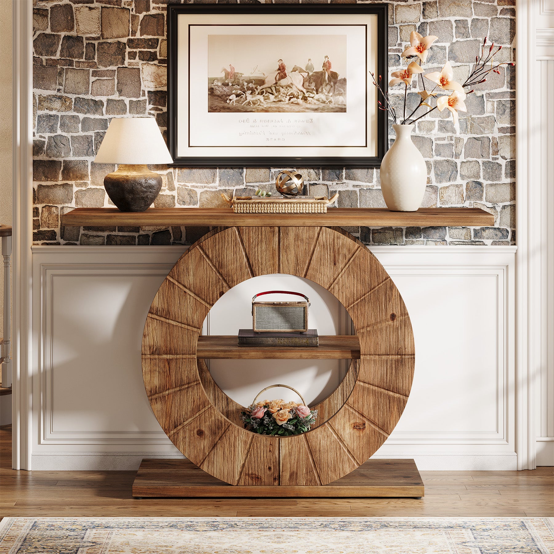 Tribesigns Consolle in legno massello da 105 cm, tavolino a 3 ripiani con base circolare intagliata