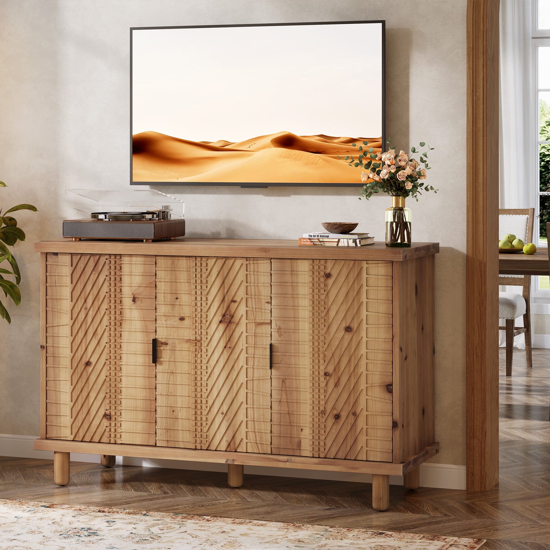 Tribesigns Credenza in legno massello con vano contenitore, Mobile in stile rustico con 3 ante e 2 ripiani regolabili