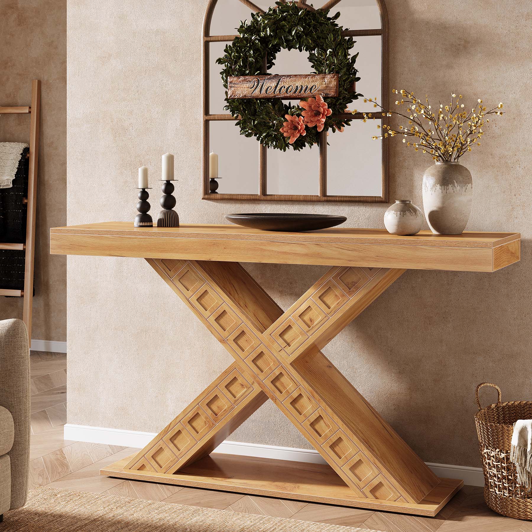 Tribesigns Tavolo consolle da 140 cm, tavolo da ingresso stretto in stile fattoria con base a X