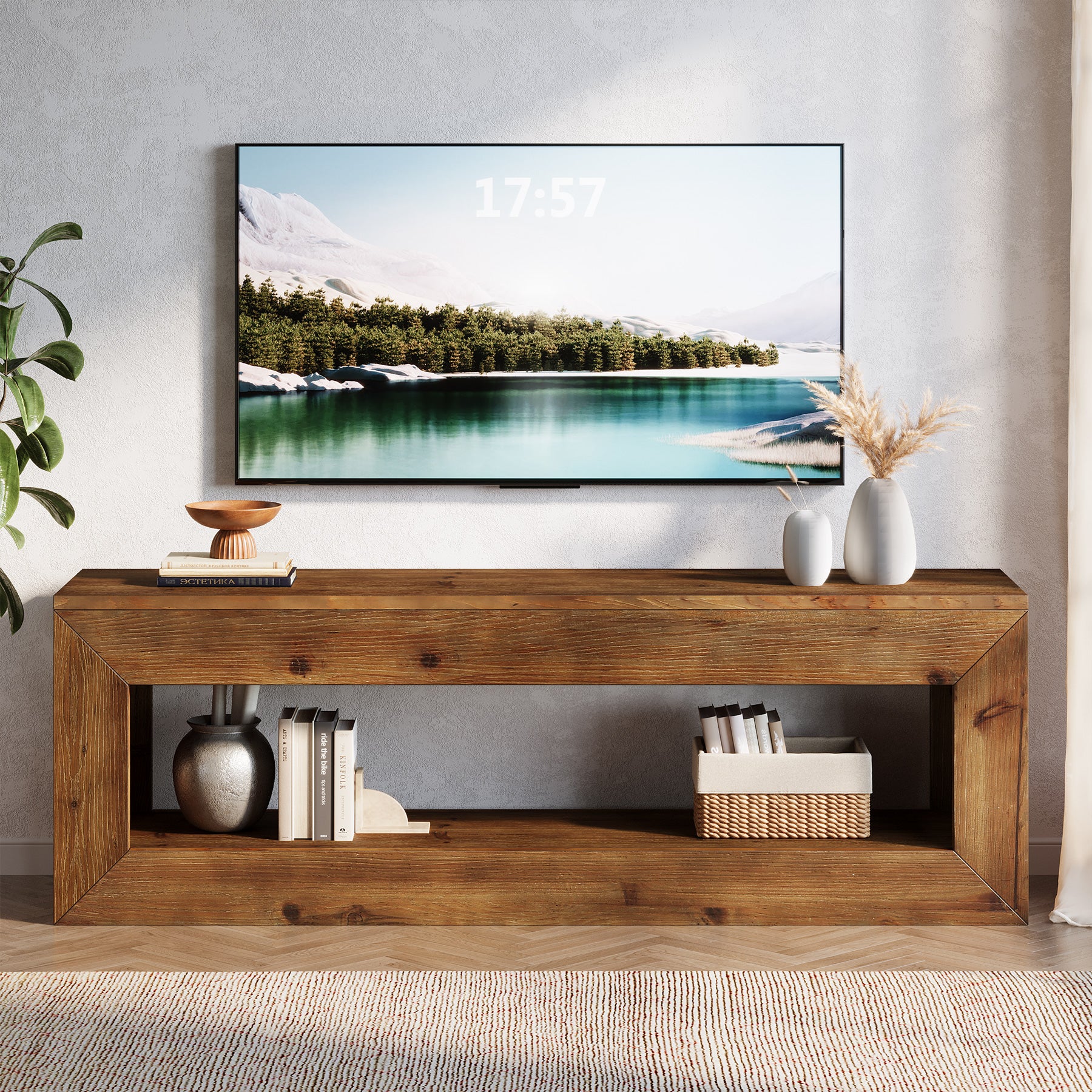 Tribesigns Mobile TV da 120 cm in legno massello con contenitore, mobile basso rustico per apparecchiature multimediali