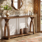 Consolle Stretta in Legno Massello a 2 Ripiani, 160 x 30 cm, per Soggiorno e Ingresso 3