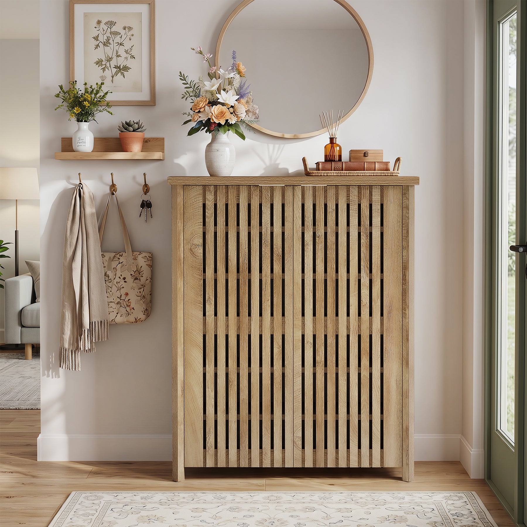 Scarpiera con 2 Ante a Listelli e 6 Ripiani, 80 x 35 x 111 cm, per Ingresso