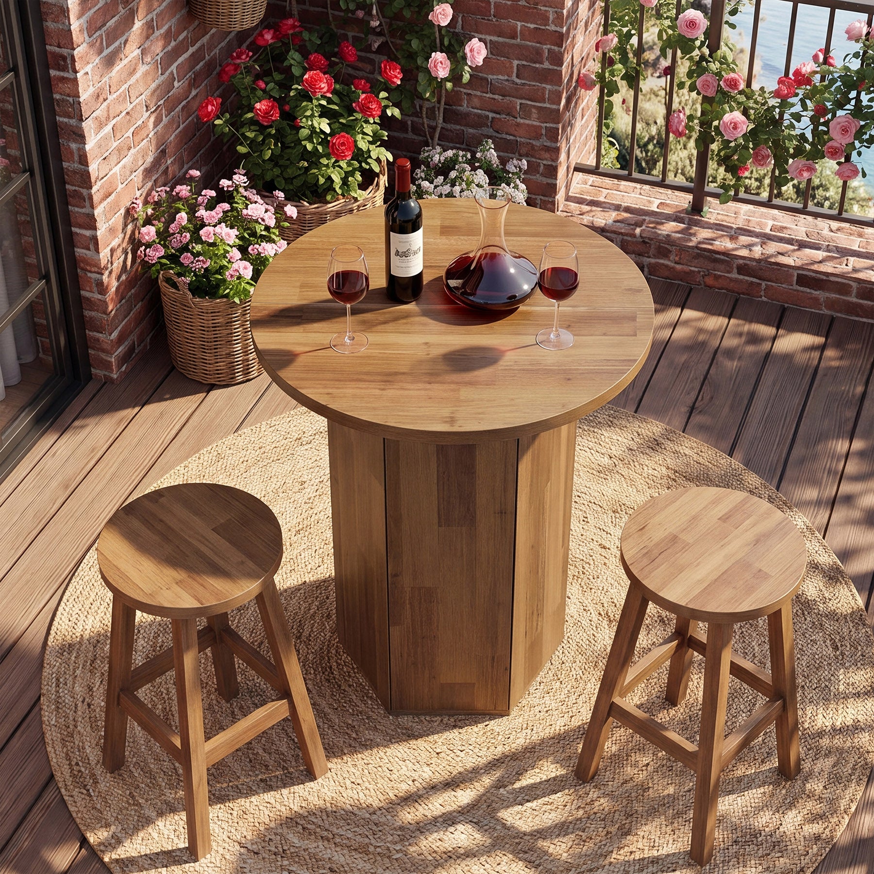 Tavolo da Bar Alto Rotondo Country con Vano Contenitore, Ø 80 cm, per Cucina e Soggiorno