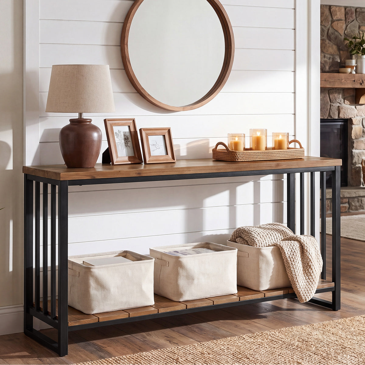 Consolle Stretta Country in Legno Massello con Ripiano, 140 cm, per Ingresso