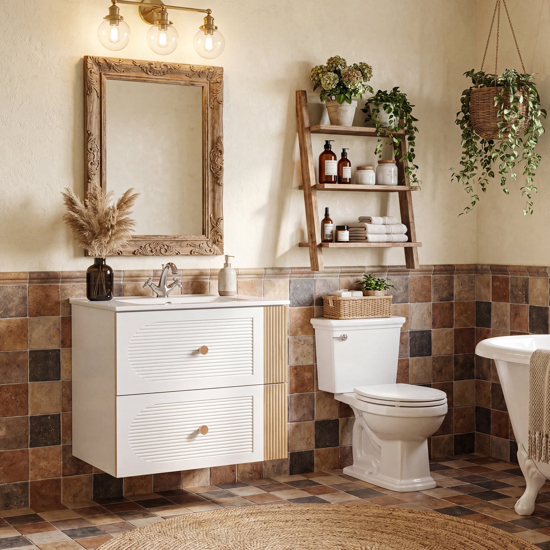 Tribesigns Mobile bagno con lavabo in ceramica da 60 cm, bianco, sospeso, 2 cassetti