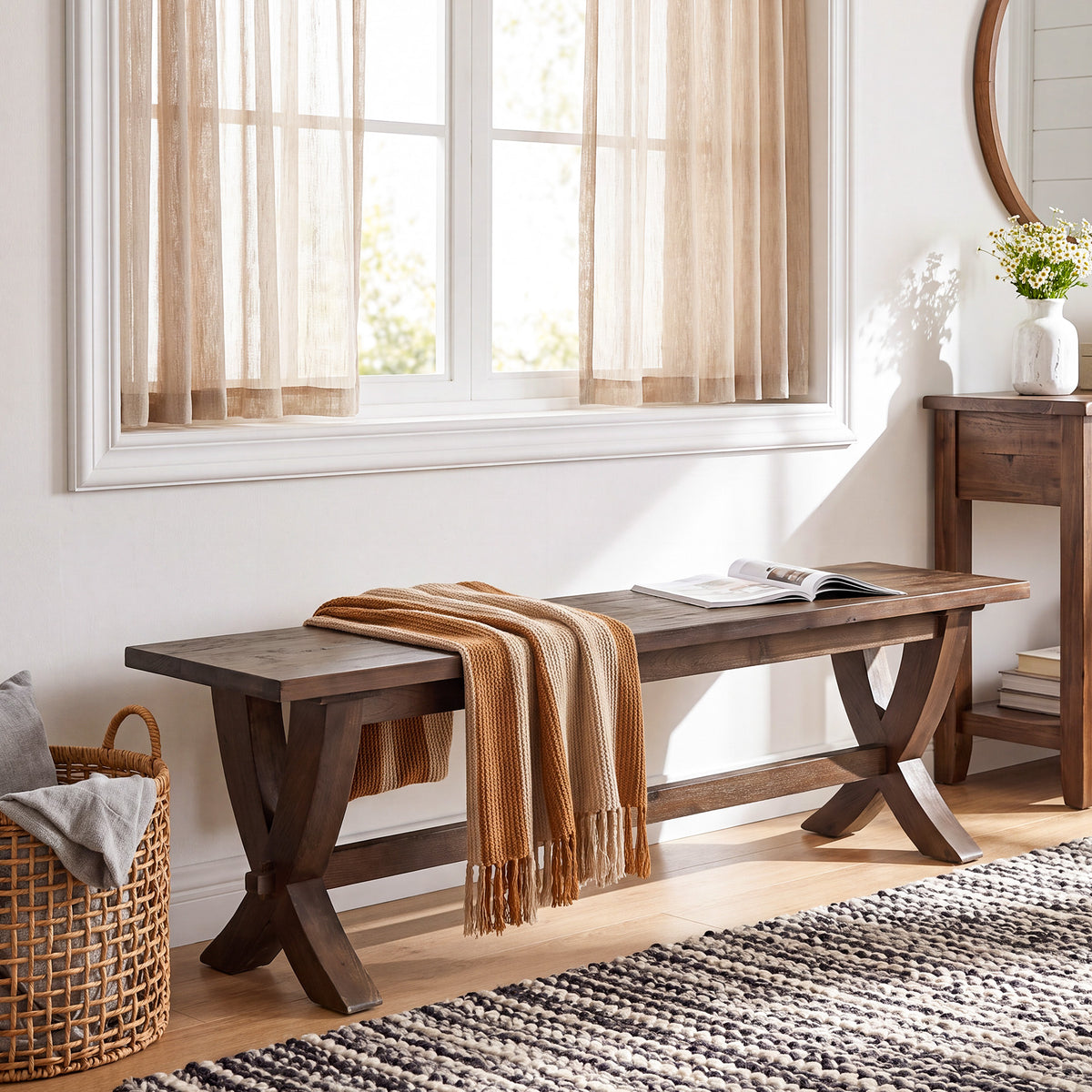 Panca Country in Legno Massello con Gambe a X, 150 cm, per Ingresso e Corridoio