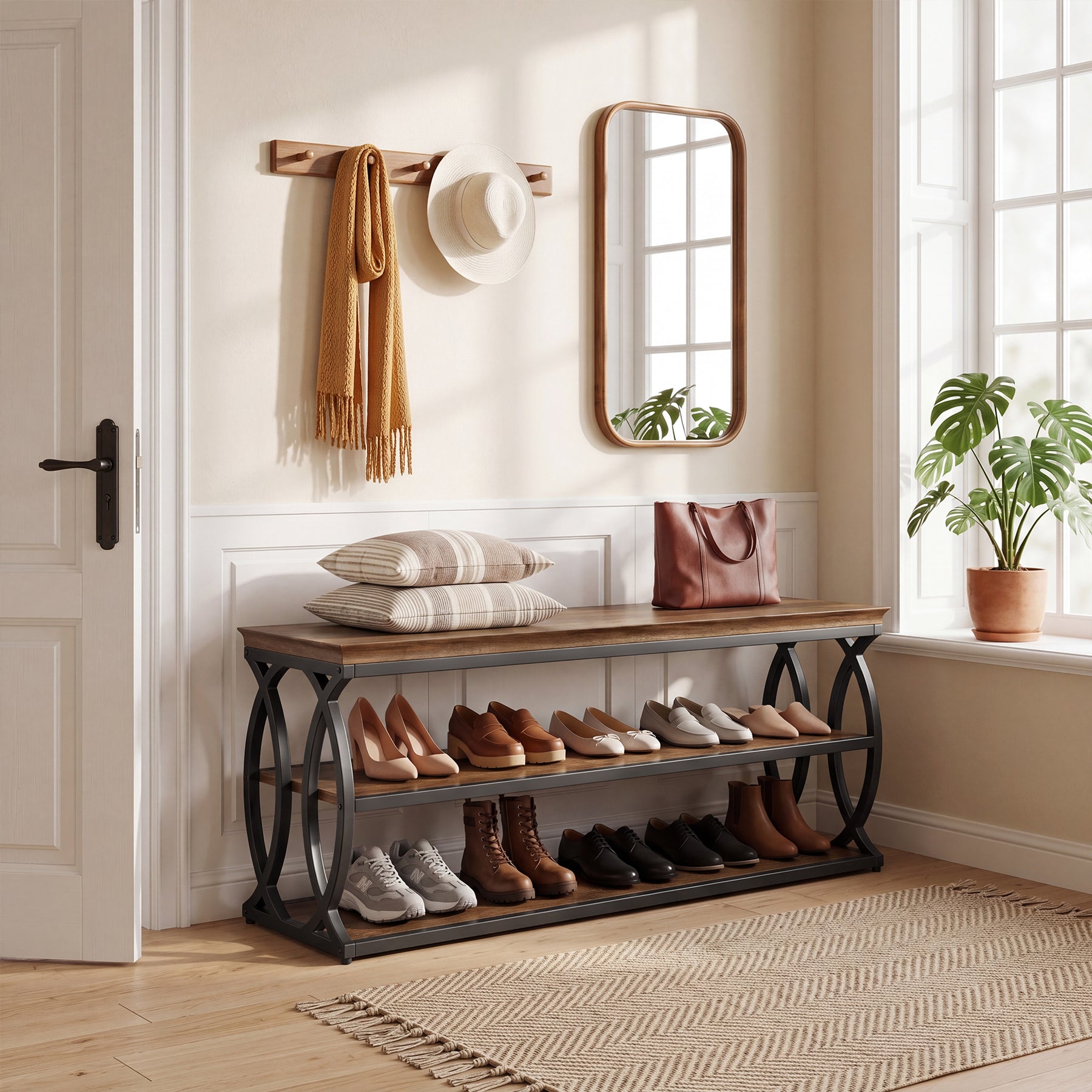 Tribesigns Panca porta scarpe da 120 cm con contenitore, scarpiera a 3 ripiani con seduta (stile industriale e rustico)