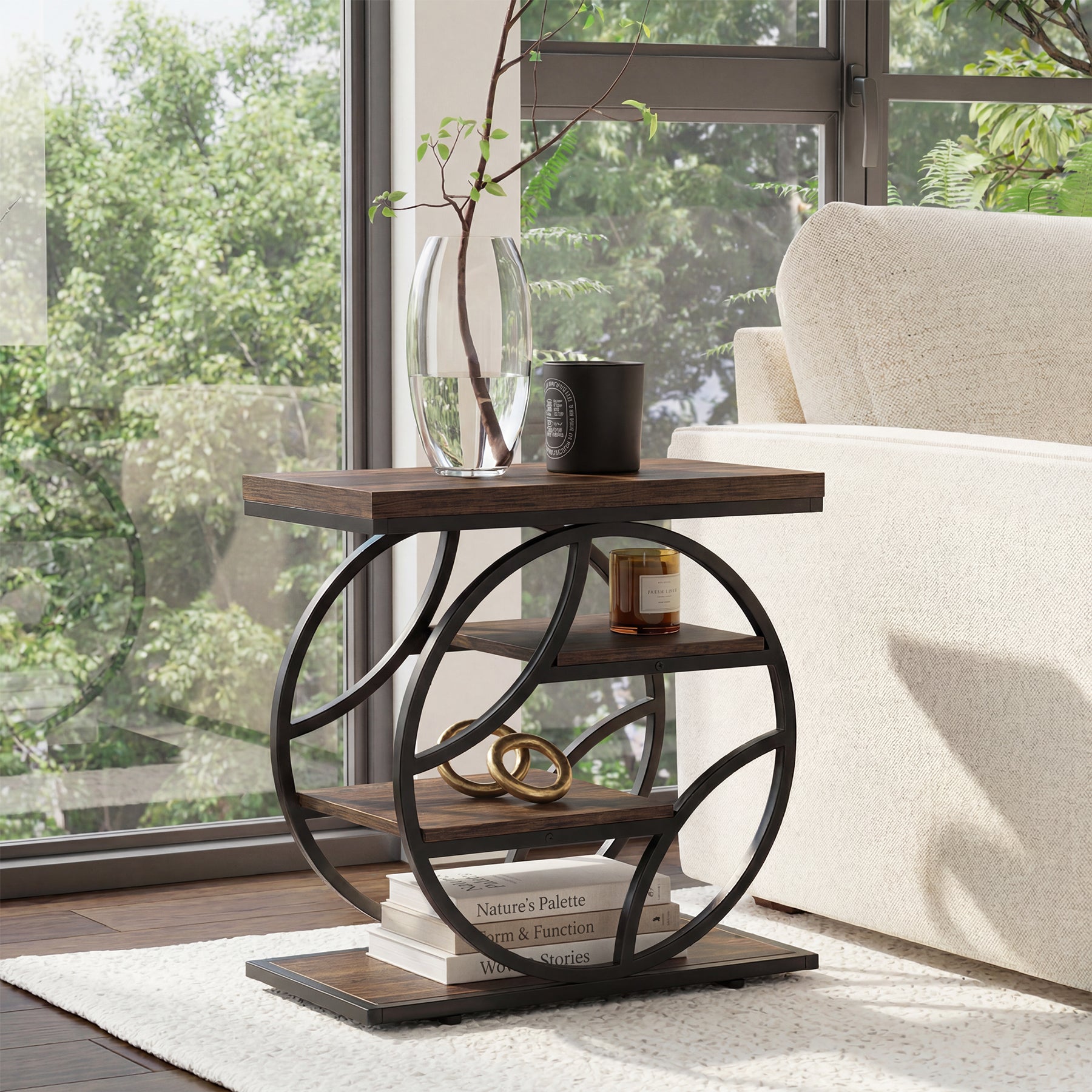 Tribesigns Tavolino laterale da 65 cm, tavolino d'appoggio industriale a 4 ripiani con struttura geometrica in metallo