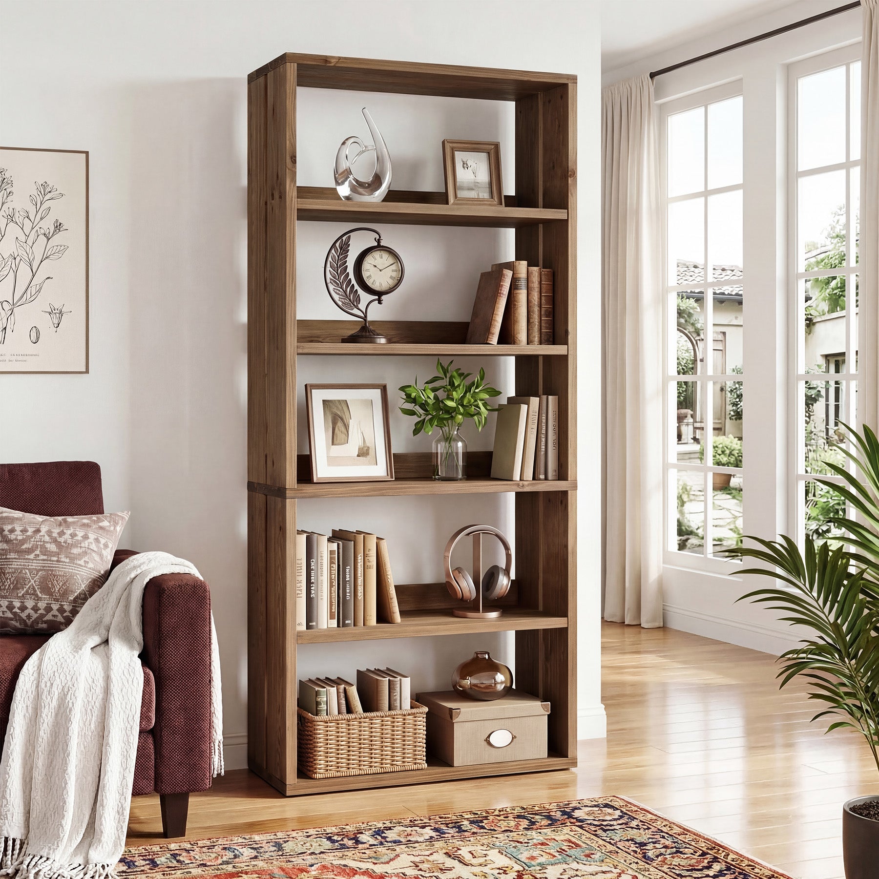Libreria in Legno Massello a 5 Ripiani con Vani Aperti, 180 cm, Stile Country, per Soggiorno e Studio