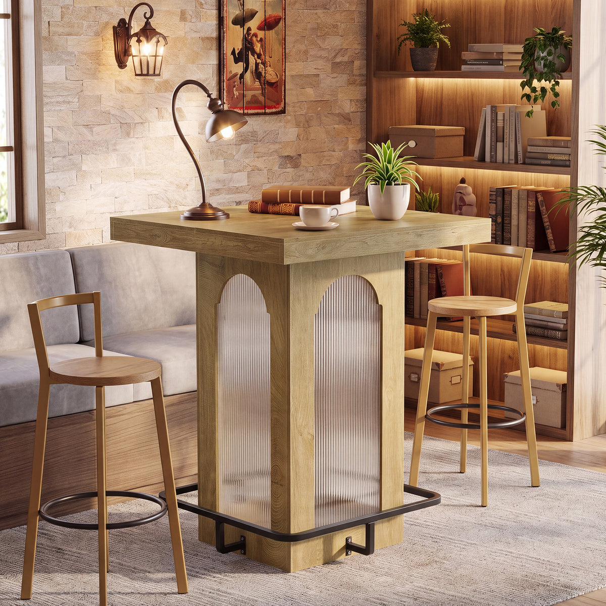 Tavolo da Bar Quadrato Industriale con Luci e Poggiapiedi, 80 cm, per Cucina