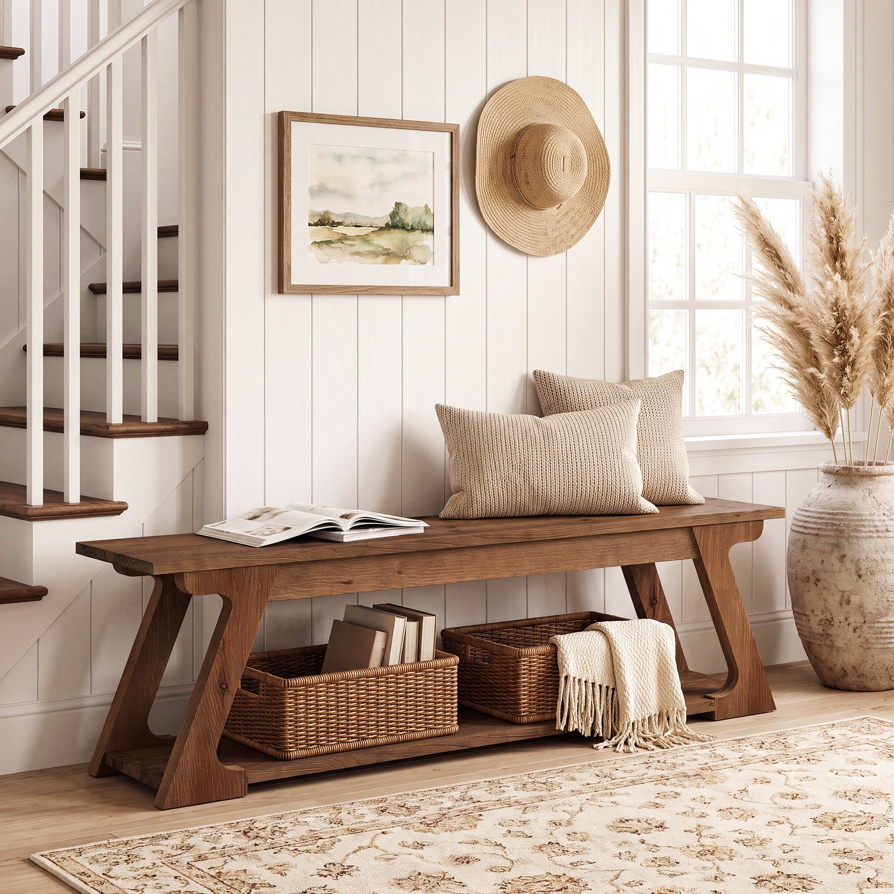 Panca da Ingresso Country in Legno Massello con Vano Contenitore, 150 cm, per Ingresso
