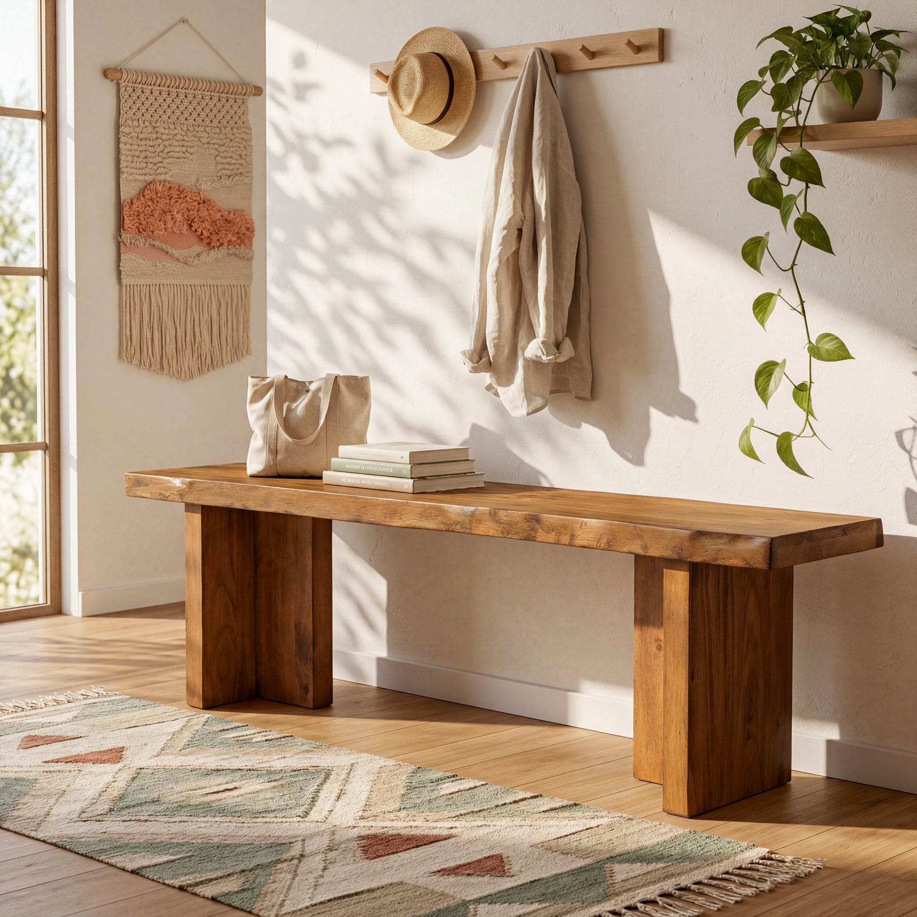 Panca Portascarpe in Legno Massello, 140 cm, per 2-3 Persone, per Ingresso e Corridoio