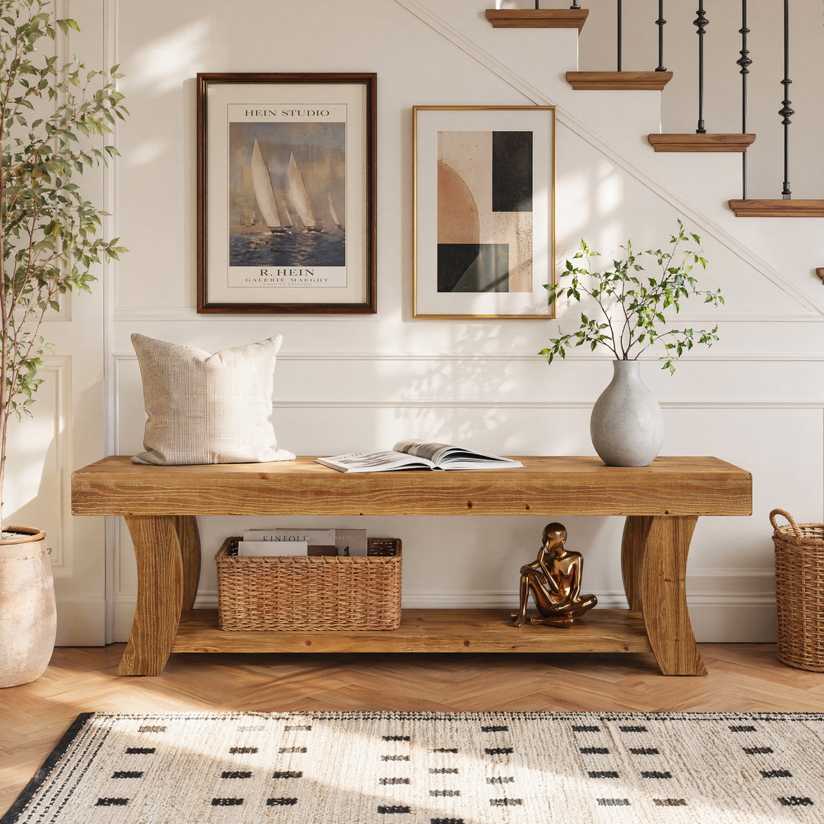 Panca Country in Abete Massello con Gambe Curve, 160 cm, per Ingresso
