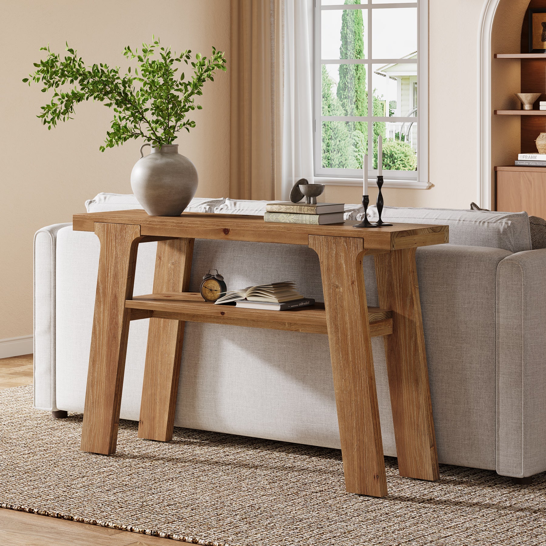 Tribesigns Consolle stretta da 120 cm, tavolino da divano in legno massello con 2 ripiani