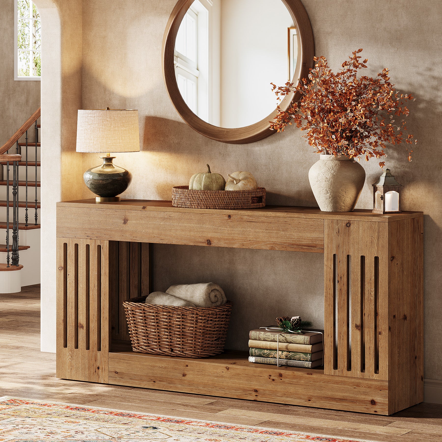 Tribesigns Tavolino da divano da 160 cm, consolle in legno massello con gambe a strisce