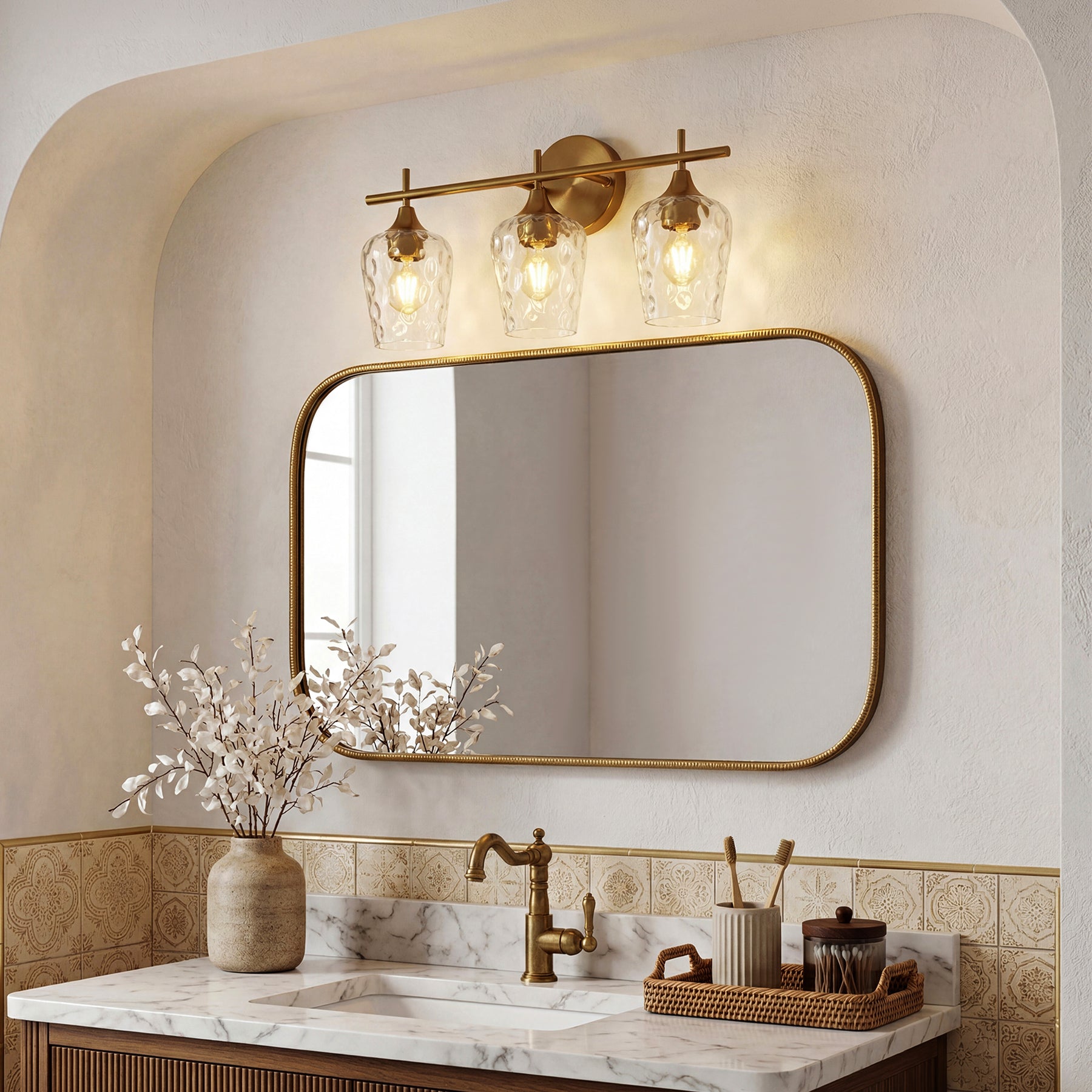 Tribesigns Applique da bagno a 3 luci, lampada da parete moderna con paralumi in vetro ondulato, attacco E27, luci per specchio da bagno, lampadine non incluse