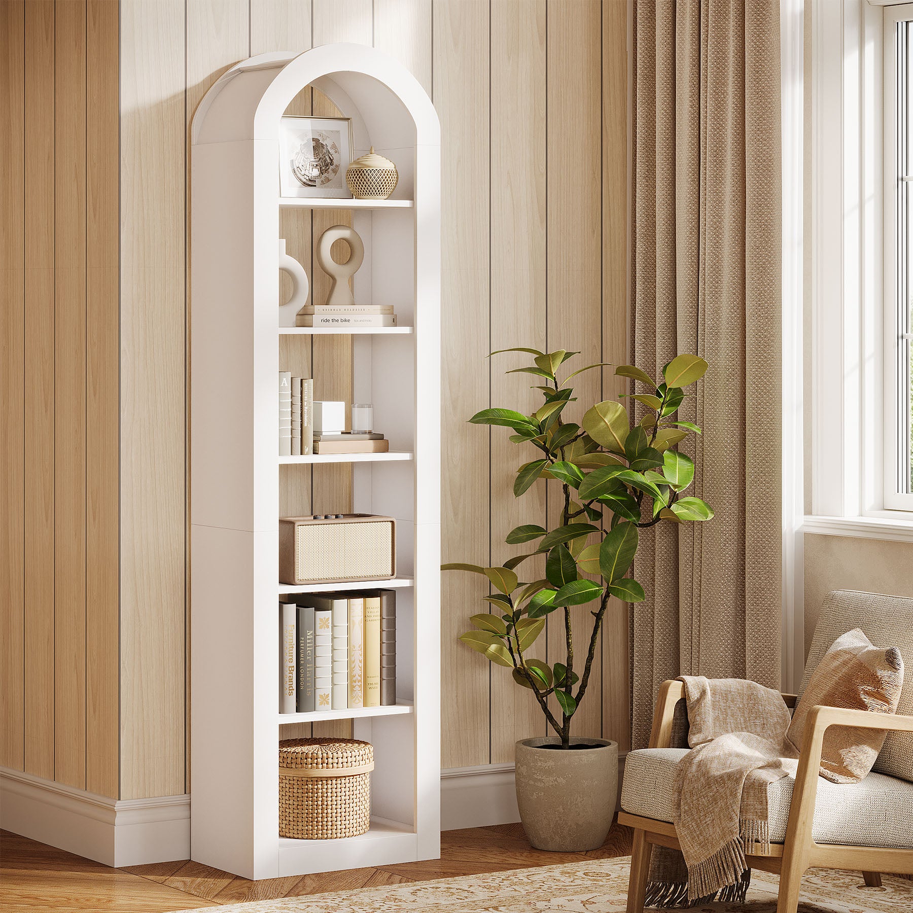 Tribesigns Libreria ad arco alta 190 cm, espositore autoportante con ripiano stretto a 6 livelli