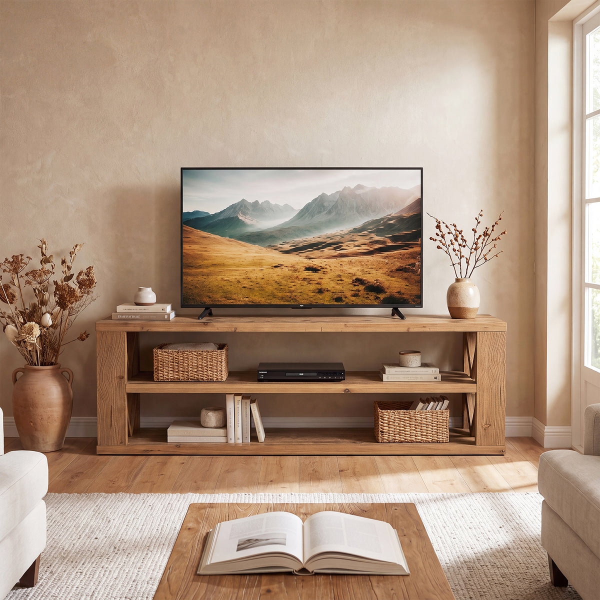 Mobile TV in Legno Massello a 3 Ripiani Aperti, 120 cm, per Soggiorno