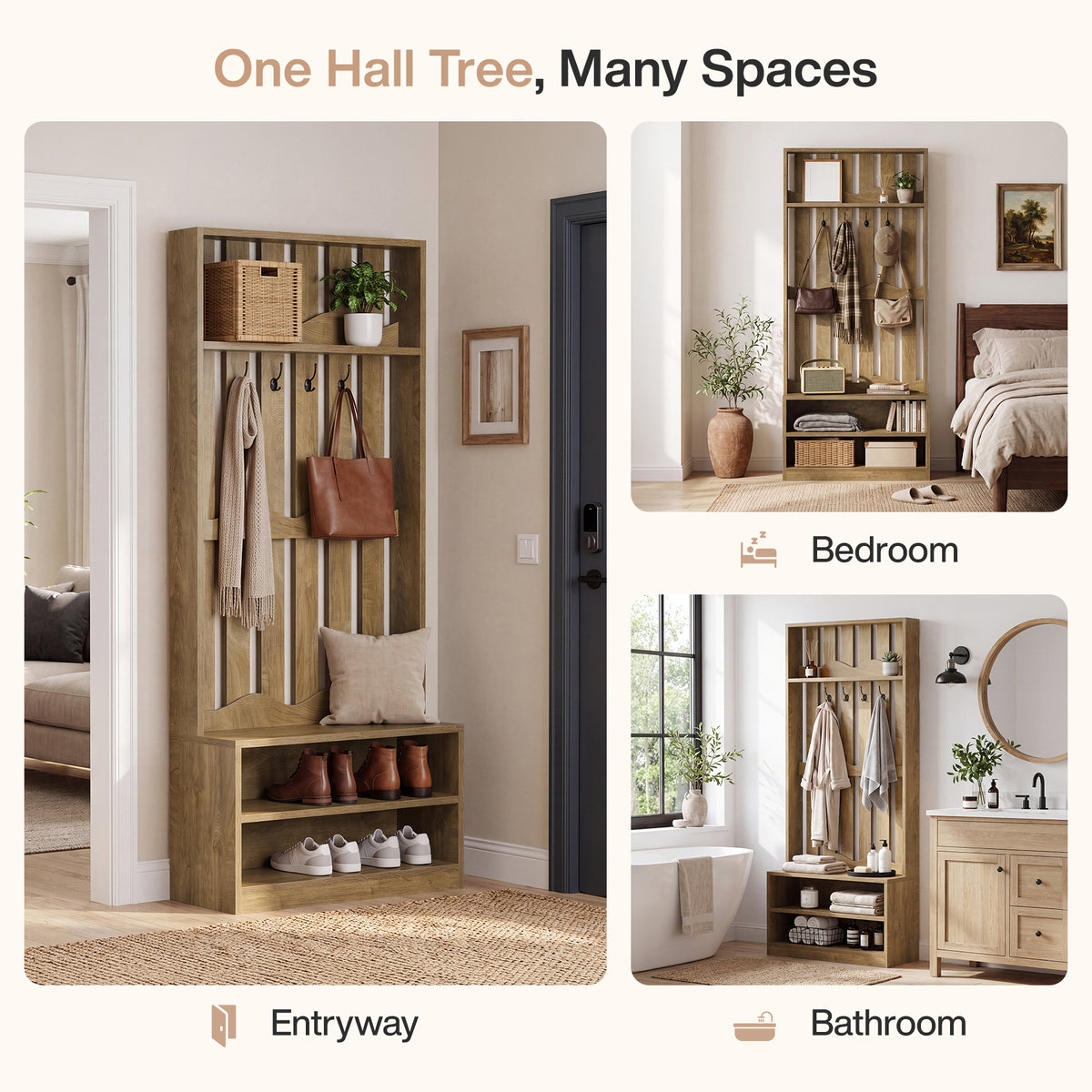 Albero della Sala Country con Panca e 4 Ganci Appendiabiti, H 182 cm