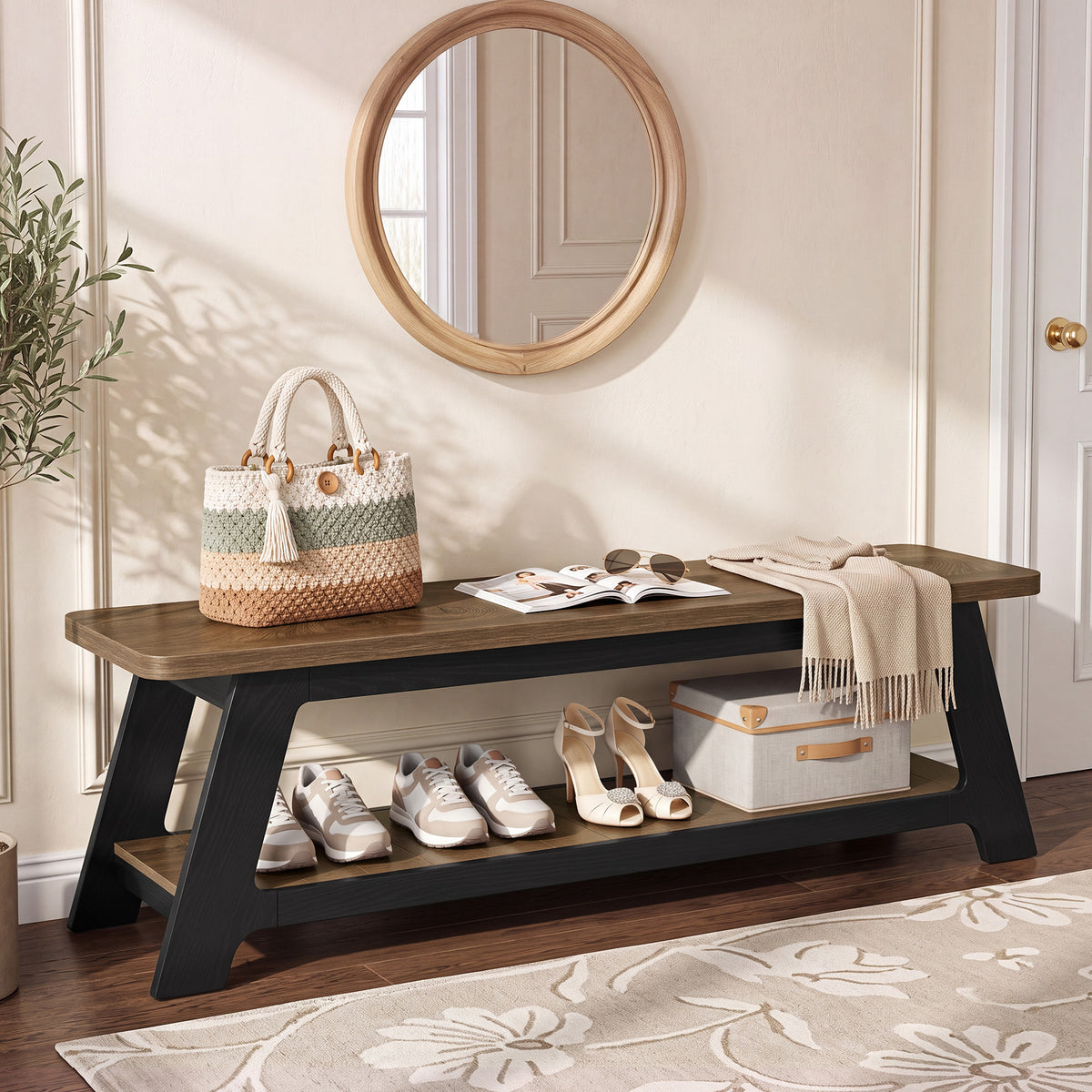 Panca Country in Legno con Ripiano Portascarpe, 160 cm, per Ingresso