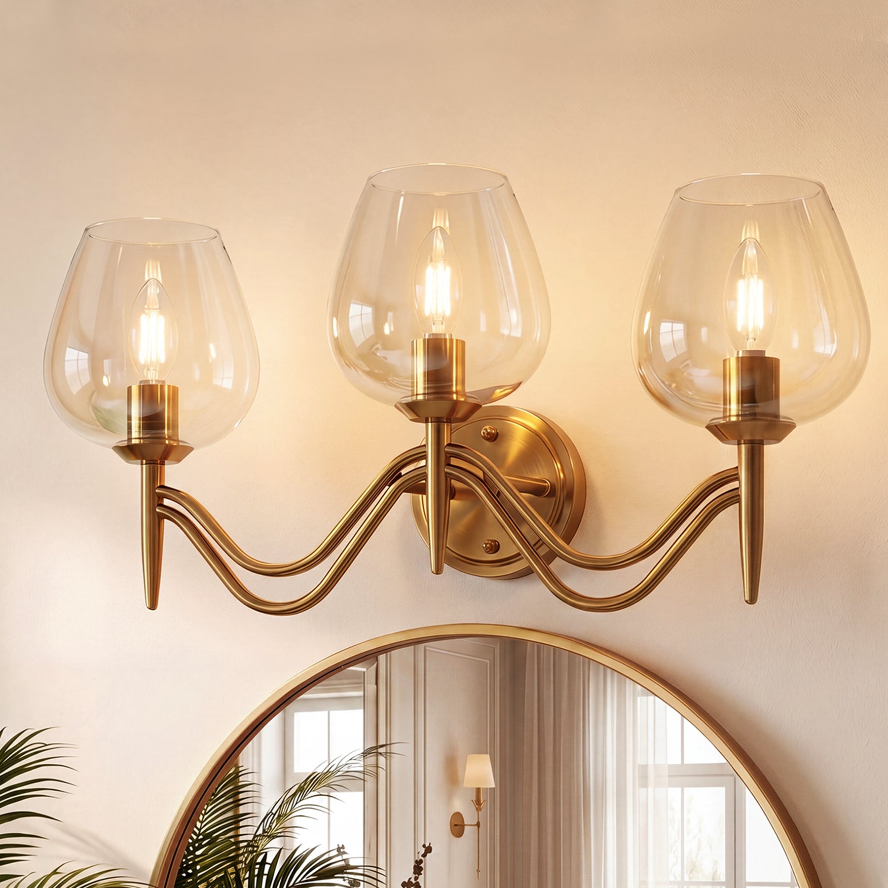 Applique da Bagno a 3 Luci E14 in Ottone con Vetro Trasparente, 58 cm, per Specchio
