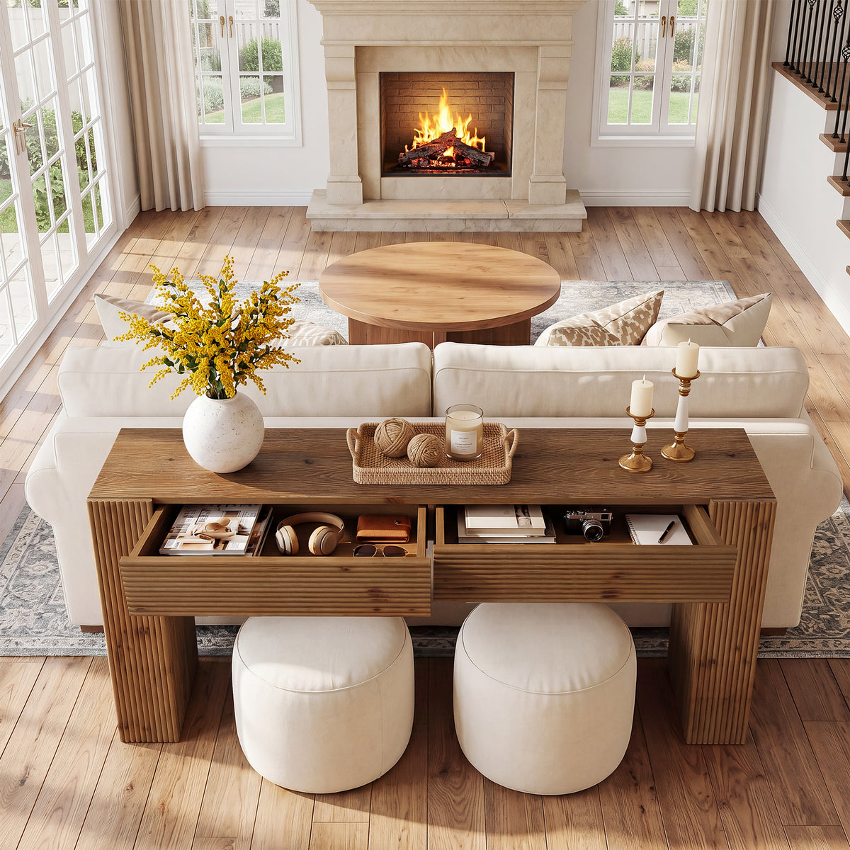 Consolle Country in Legno Massello con 2 Cassetti e Scanalature, 160 cm, per Ingresso