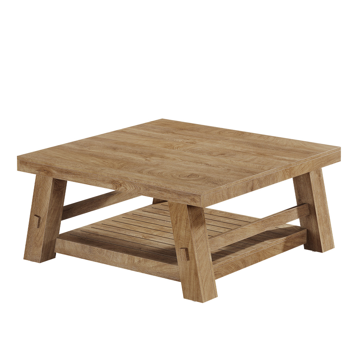 Tavolino da Salotto Quadrato Country a 2 Ripiani con Ripiano a Doghe, 100 cm