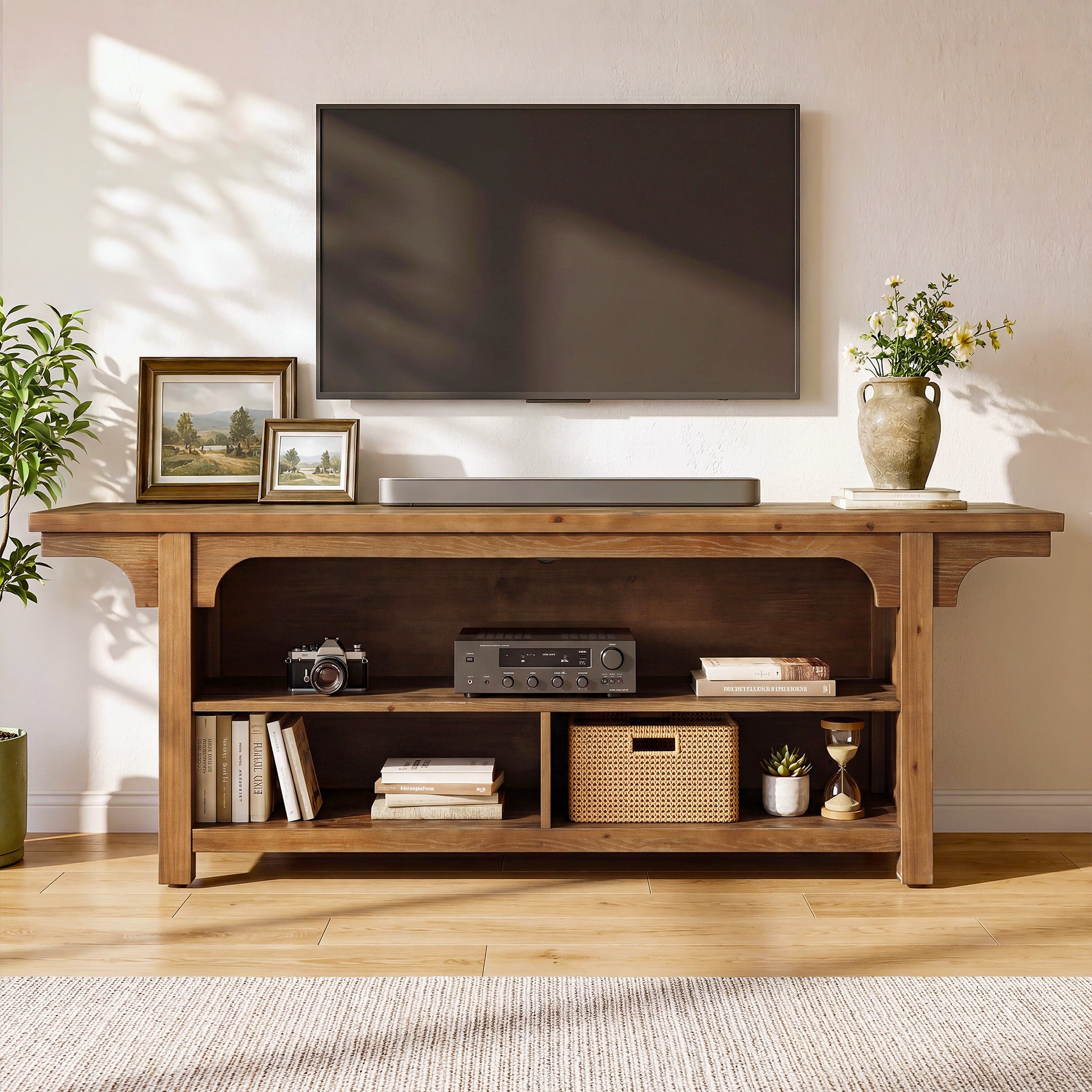 Tribesigns Mobile porta TV basso in legno massello, 160 cm, consolle multimediale per TV da 55 a 70 pollici con 3 vani a giorno