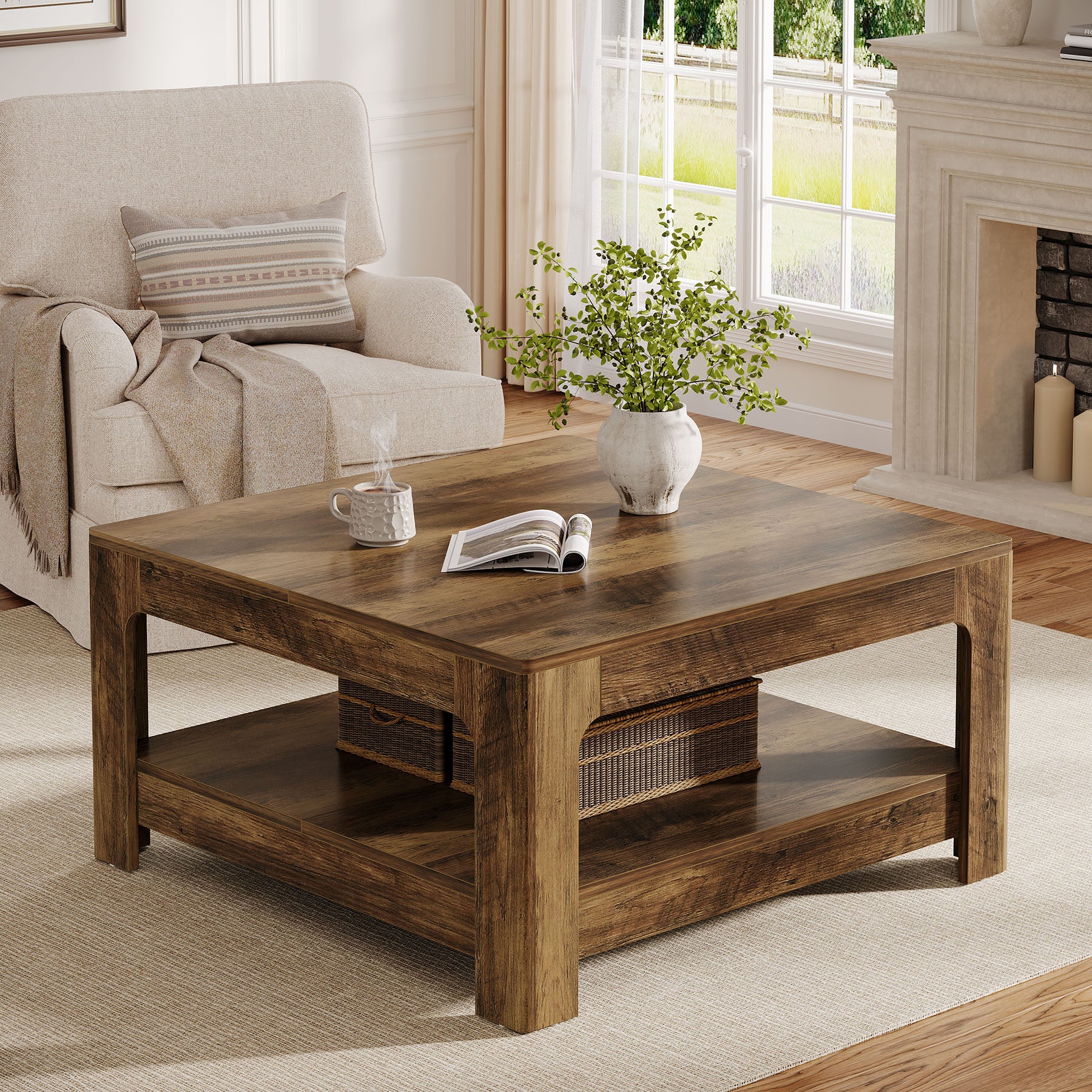 Tavolino da Salotto Country Quadrato con Ripiano, 100 x 100 cm, per Soggiorno