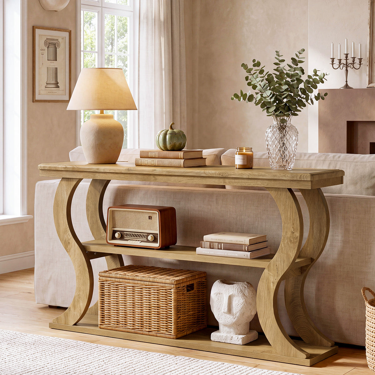 Consolle Country a 3 Ripiani con Gambe a Onda, 140 cm, per Ingresso