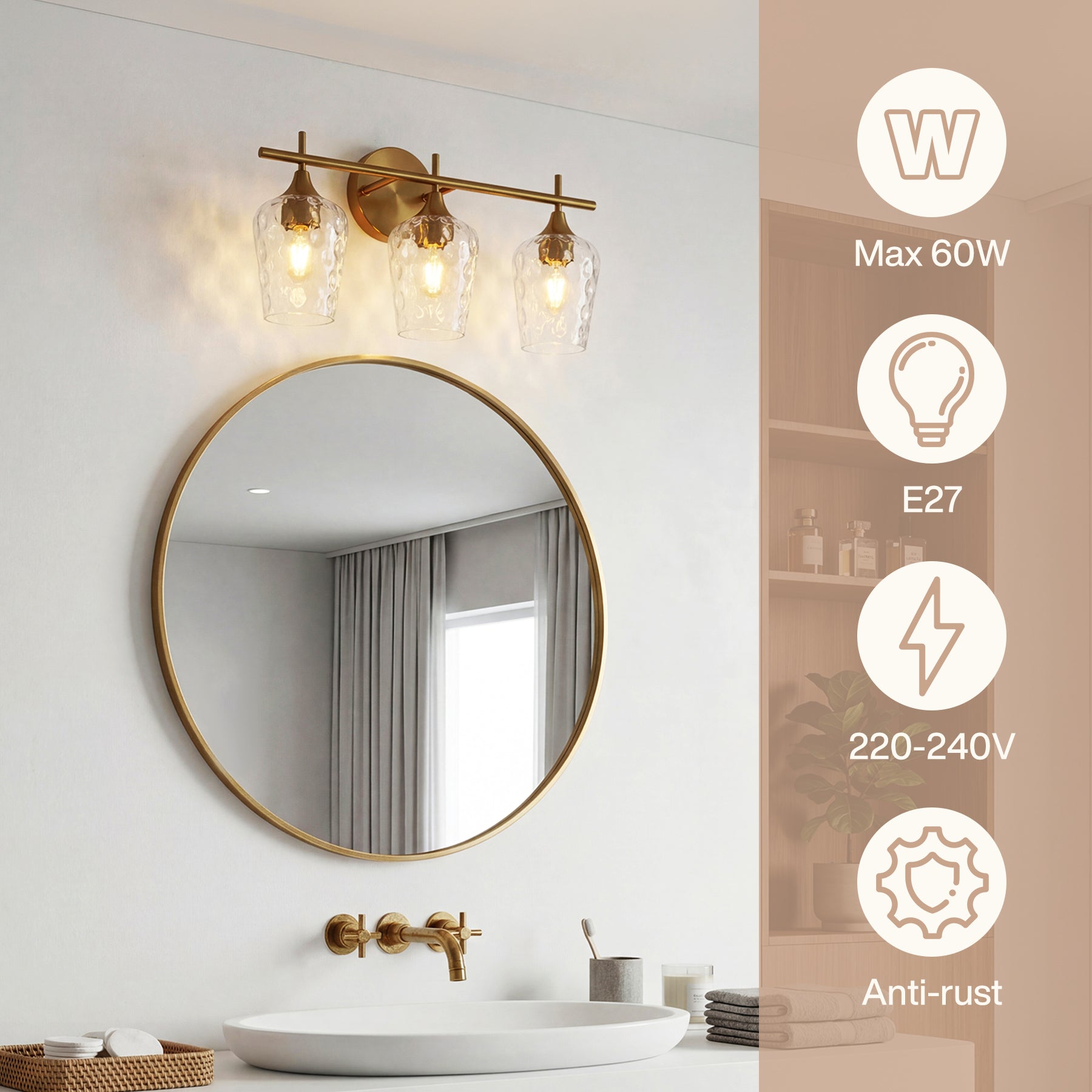Tribesigns Applique da bagno a 3 luci, lampada da parete moderna con paralumi in vetro ondulato, attacco E27, luci per specchio da bagno, lampadine non incluse