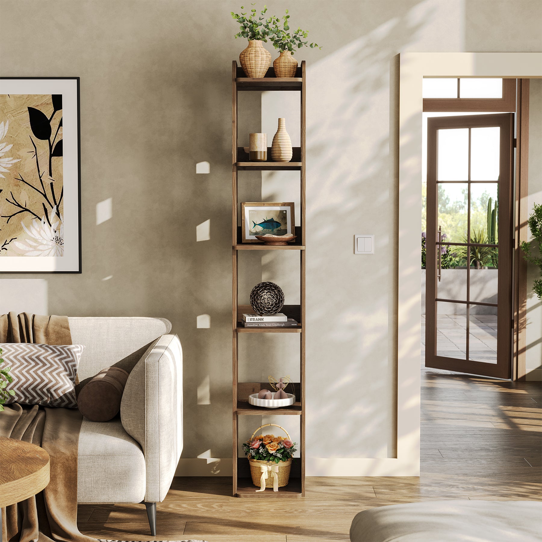 Tribesigns Libreria alta 180 cm, libreria stretta in legno a 6 ripiani con vano portaoggetti aperto