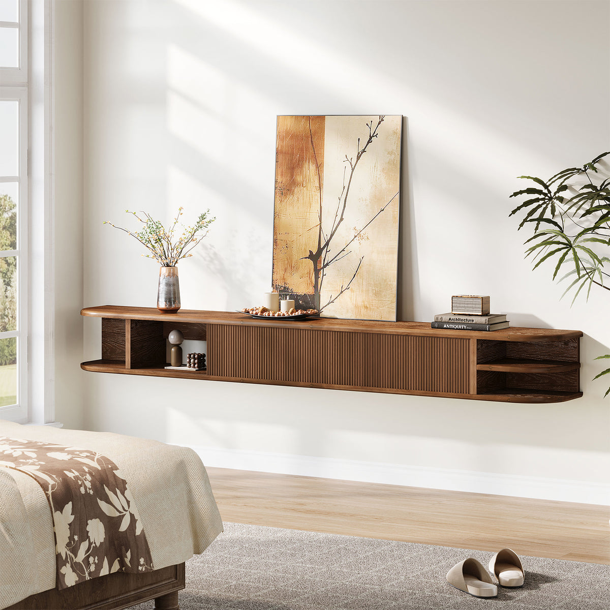 Mobile TV Sospeso in Legno Massello con Ante Scanalate, 180 cm, per TV fino a 90"