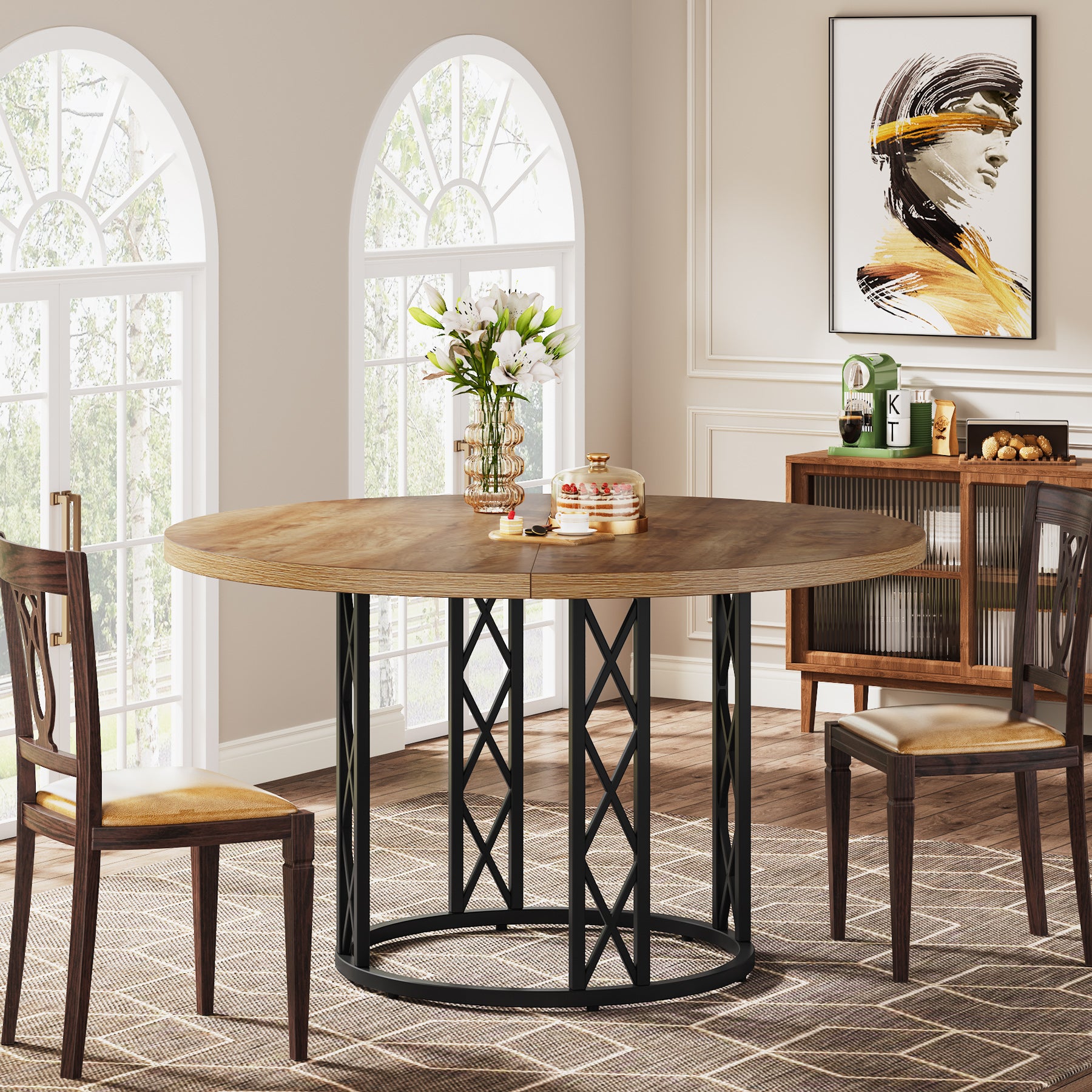 Tavolo da Pranzo Rotondo Moderno con Struttura in Metallo, Ø 120 cm, per 4-6 Persone