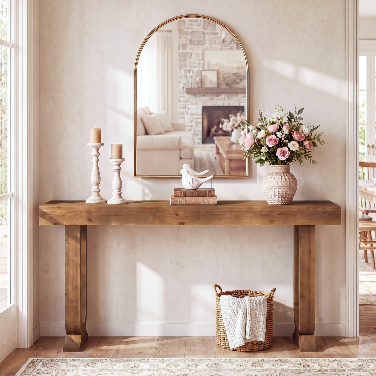 Consolle Country in Legno Massello con Gambe dal Design Particolare, 160 cm, per Ingresso