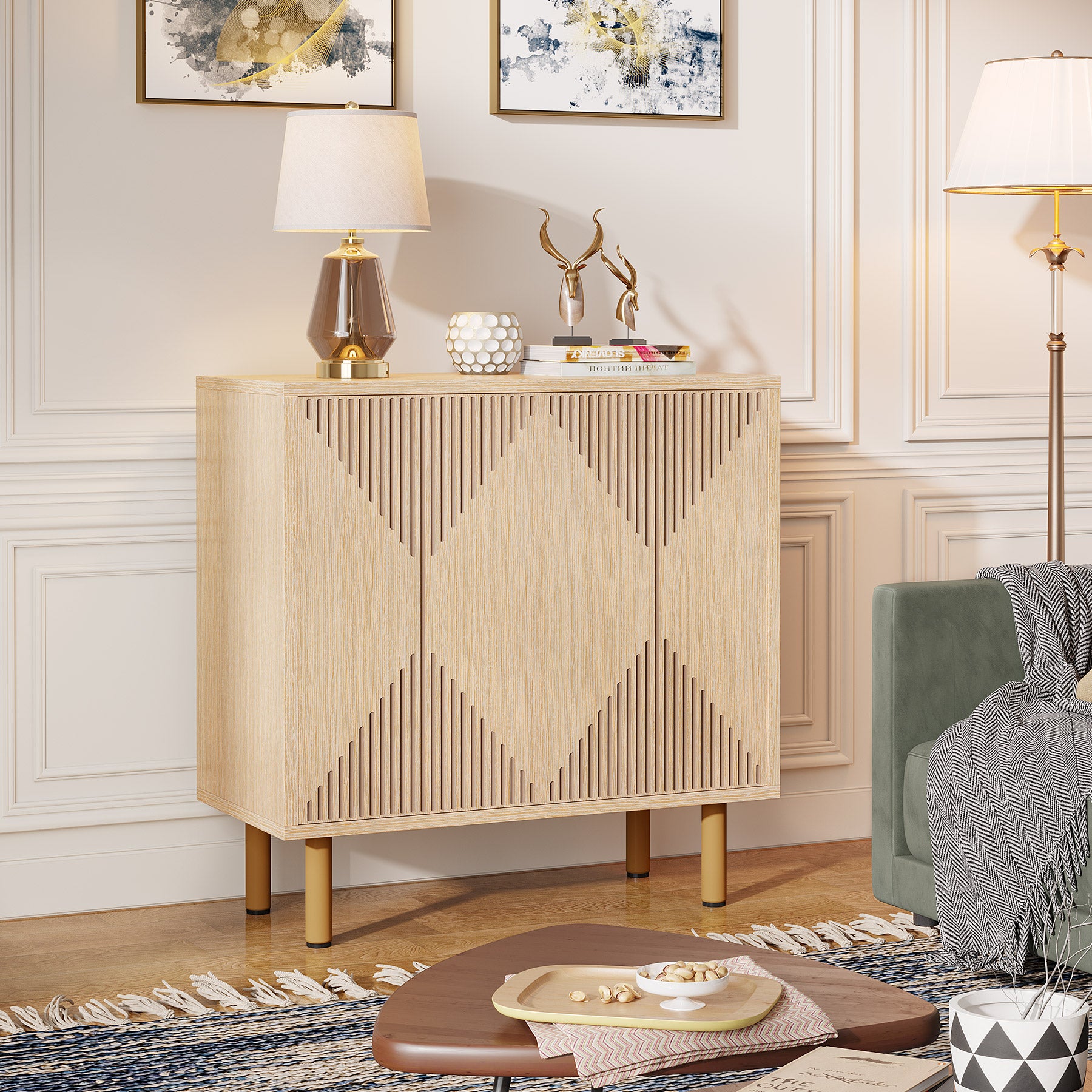 Tribesigns Credenza in legno, mobiletto portaoggetti da cucina con ante e piano in legno